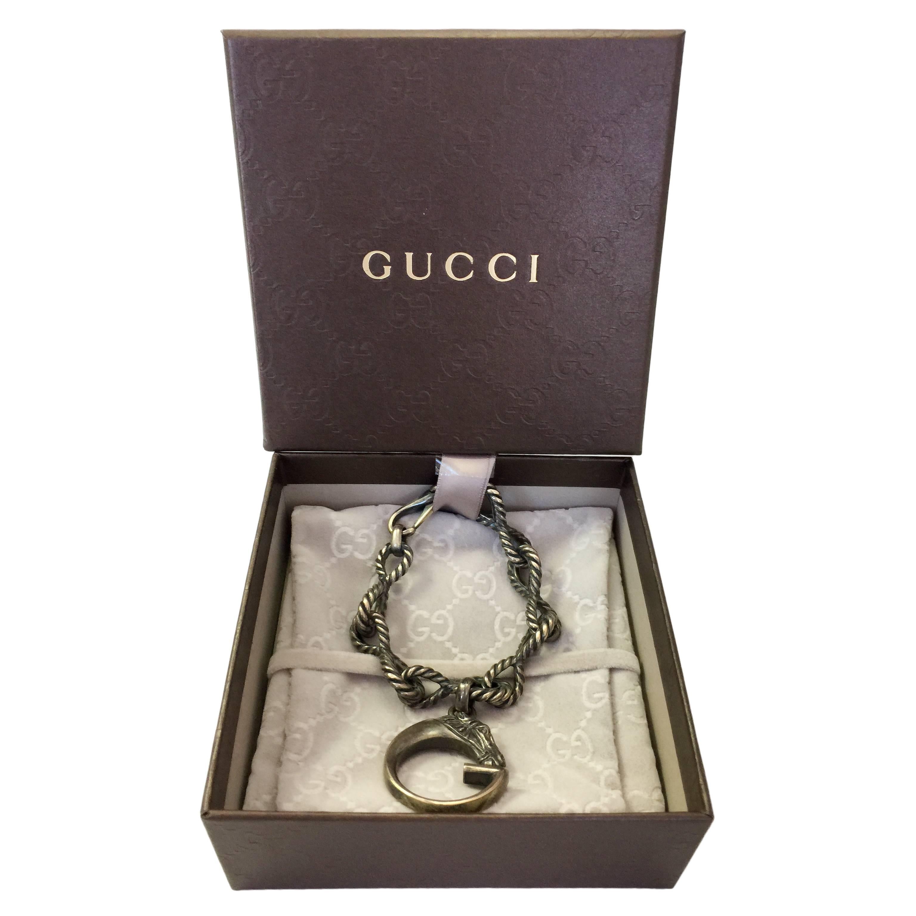 Gucci Sterling Silver Rope Chain Bracelet with "G" Horse Charm 