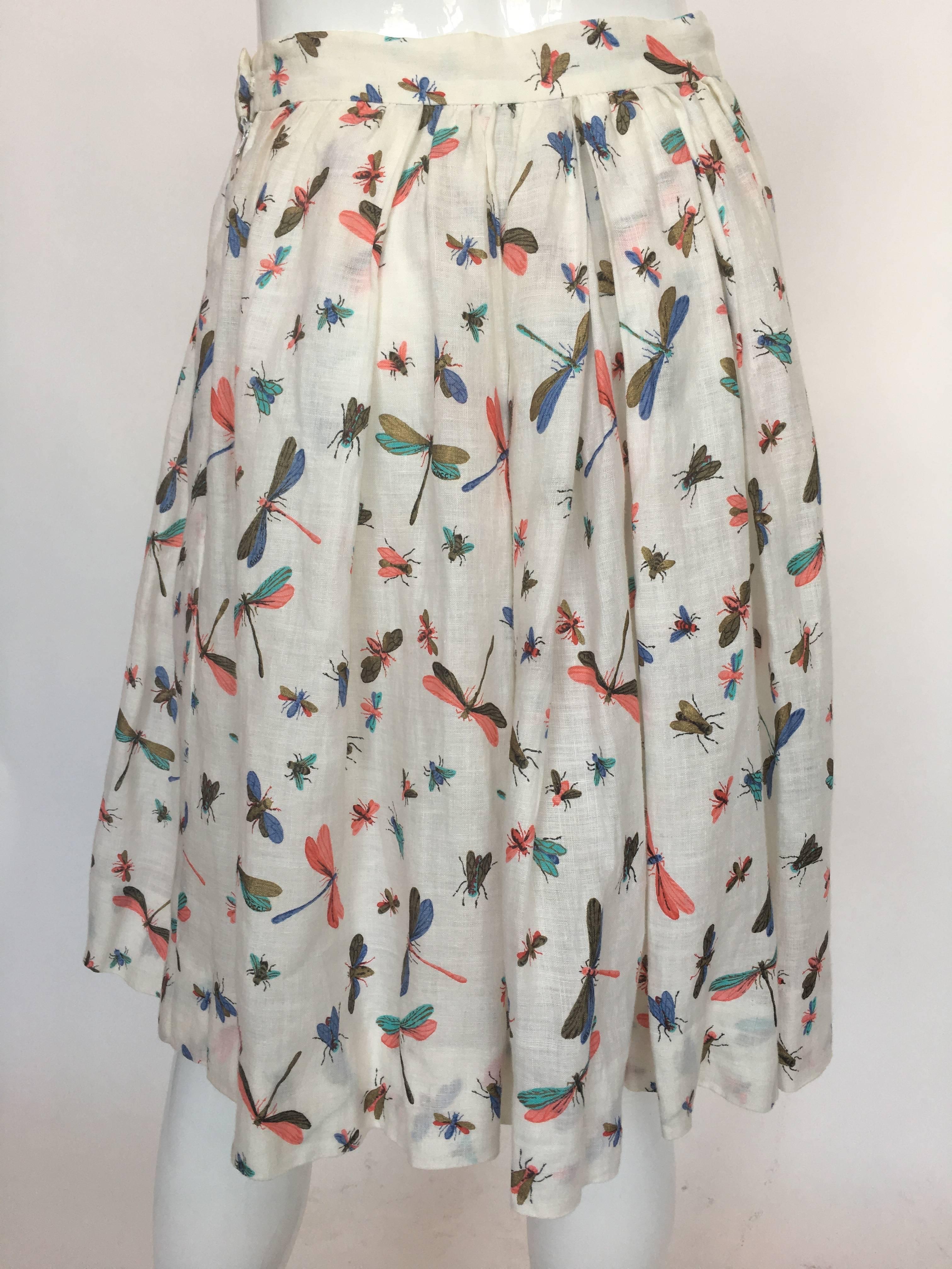 Beige Gucci Linen 2 Piece Dragonfly Print Skirt / Skirt Set, 1980s 