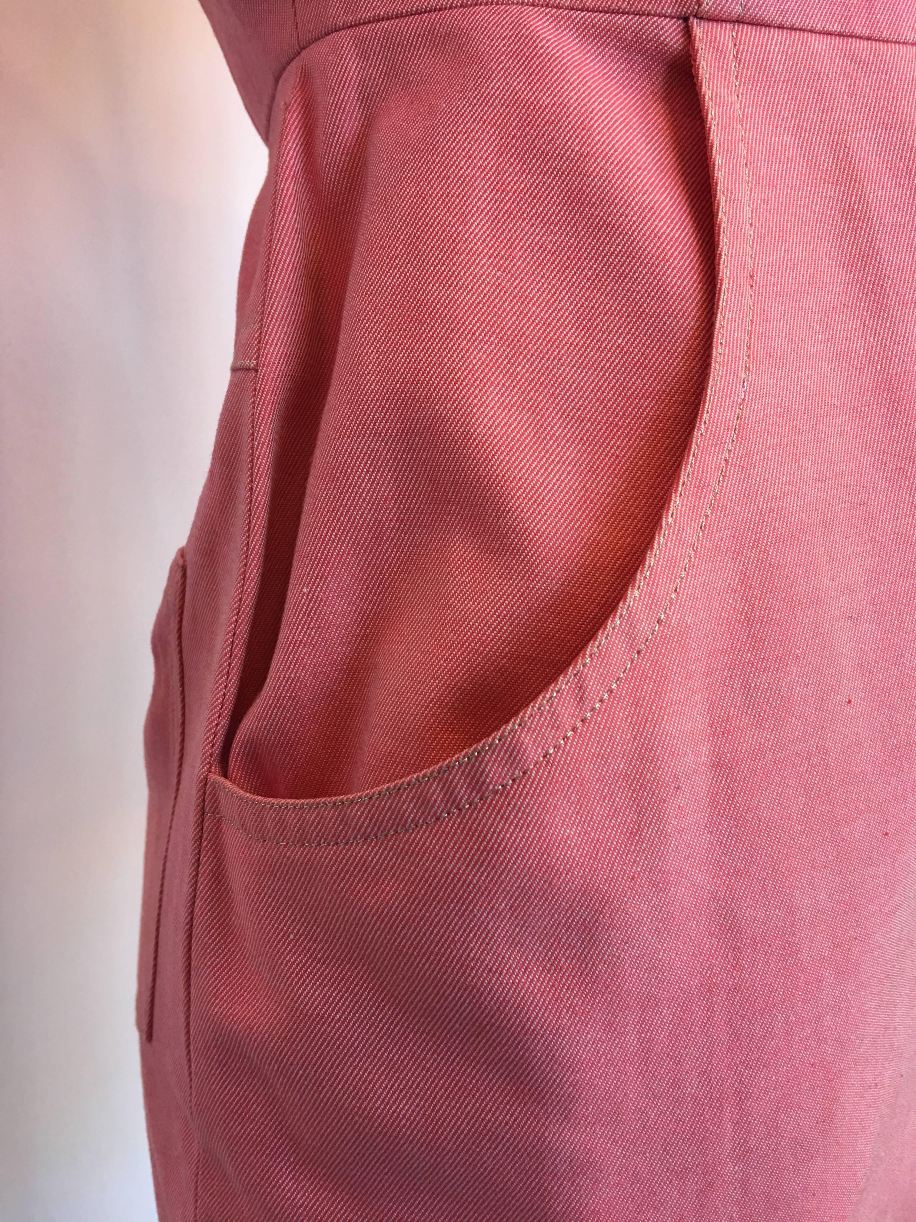 Women's or Men's Bill Blass Salmon Pink Button Up Uniform Suit Dress, 1990s  For Sale