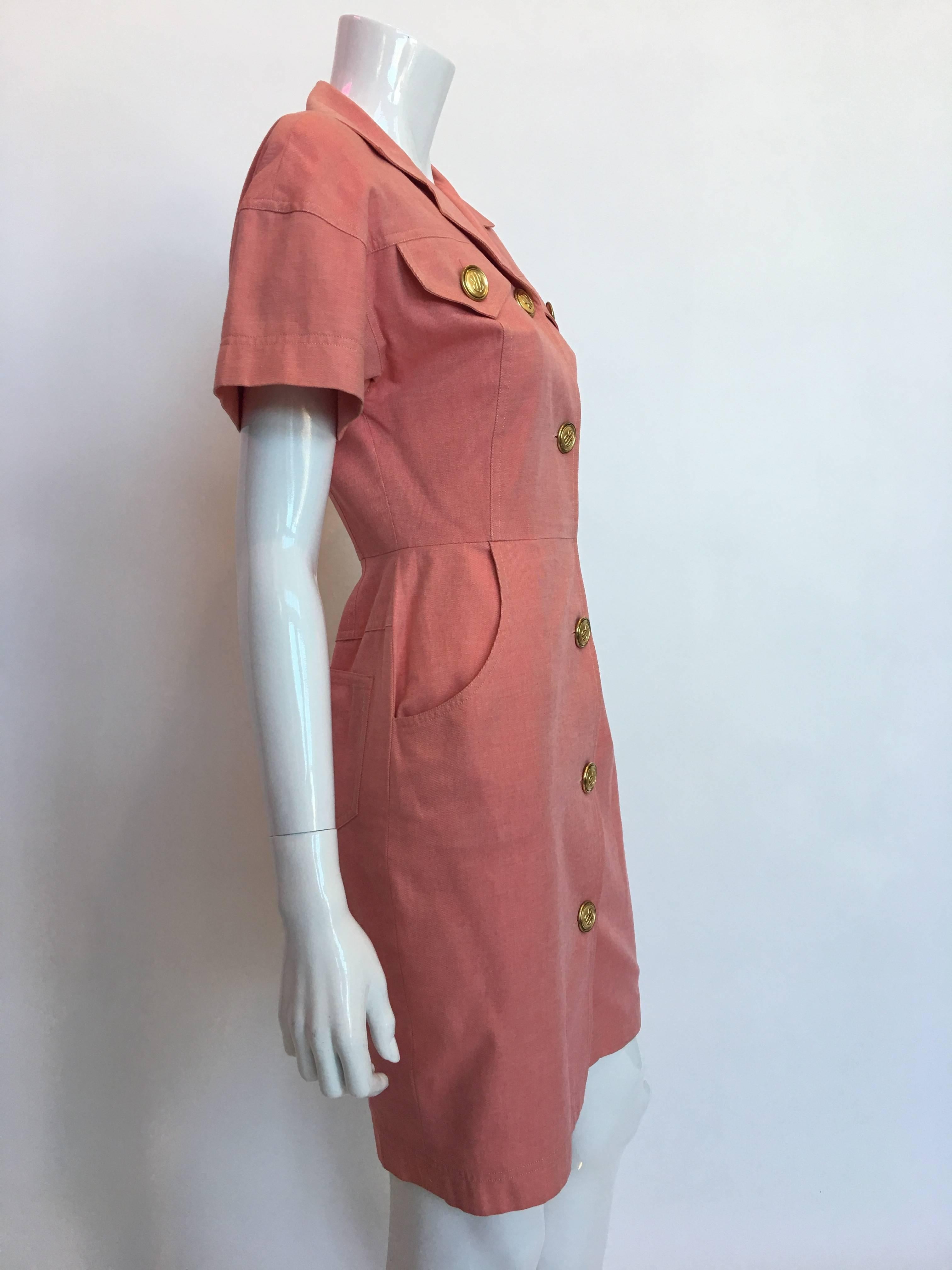 Bill Blass Salmon Pink Button Up Uniform Suit Dress, 1990s  1