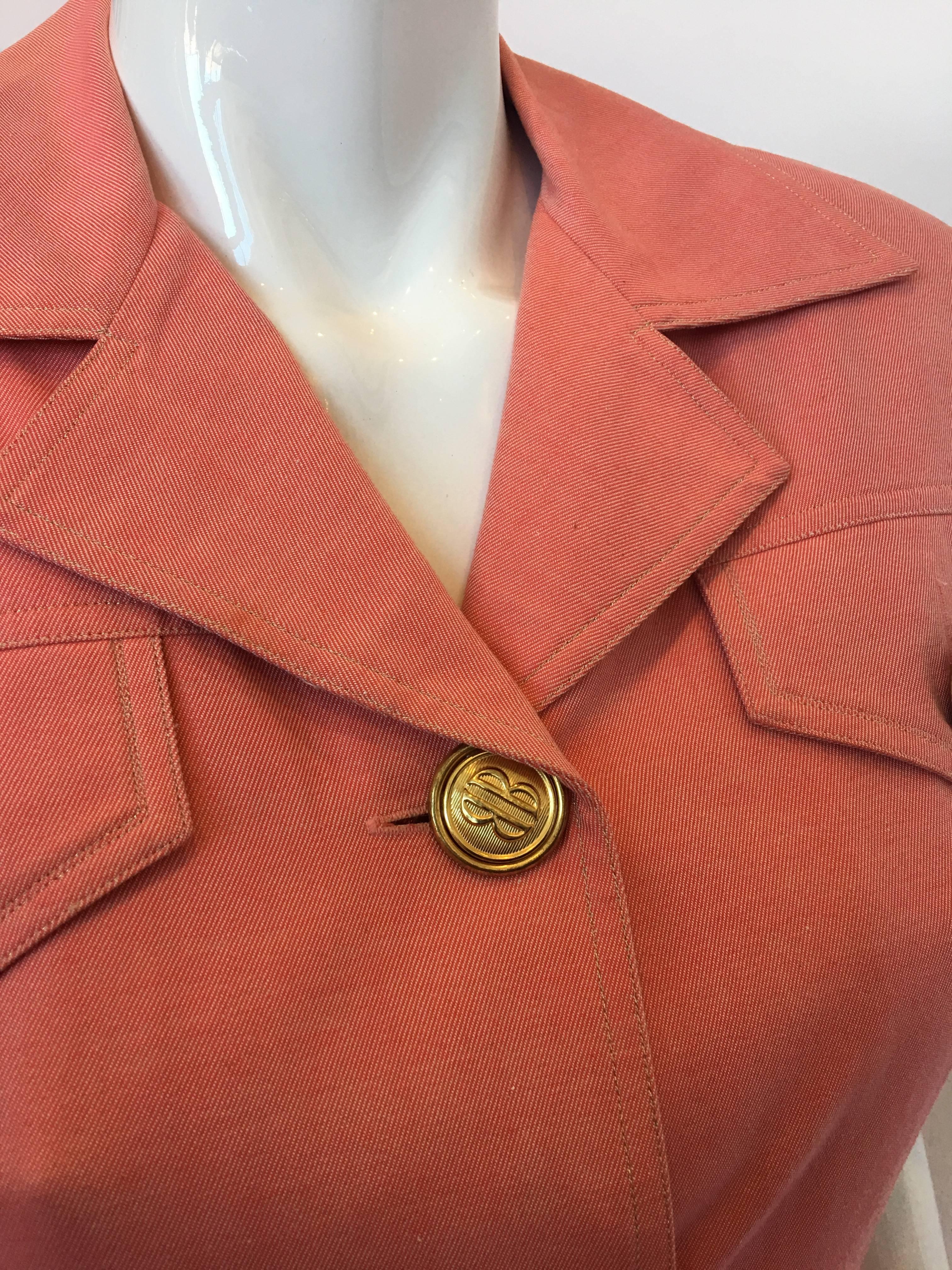 Bill Blass Salmon Pink Button Up Uniform Suit Dress, 1990s  2