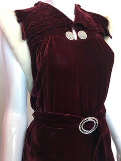 1930's Burgundy Velvet Dress with Rabbit Fur Trimmed Sleeves