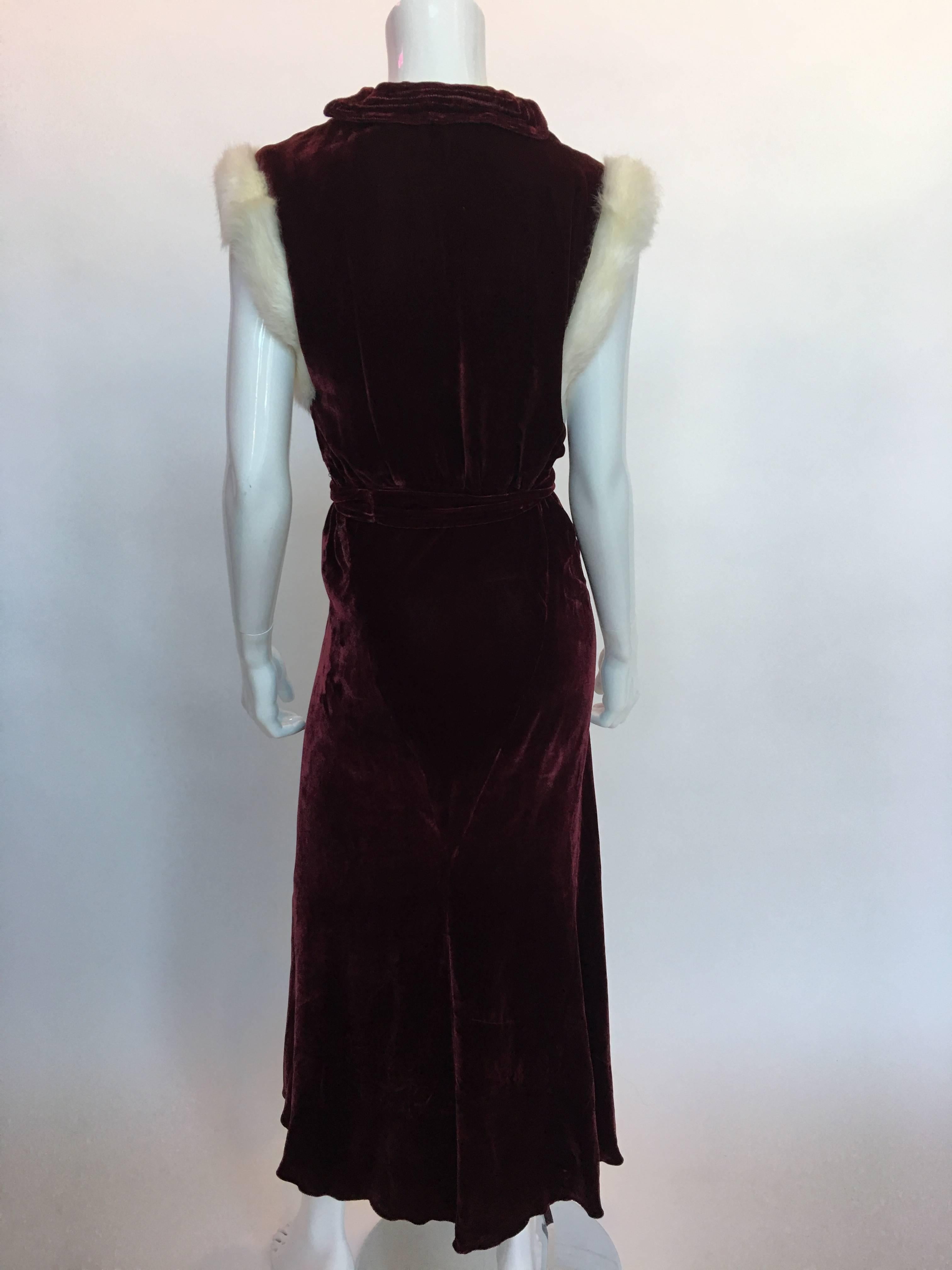 Black 1930's Burgundy Velvet Dress with Rabbit Fur Trimmed Sleeves For Sale