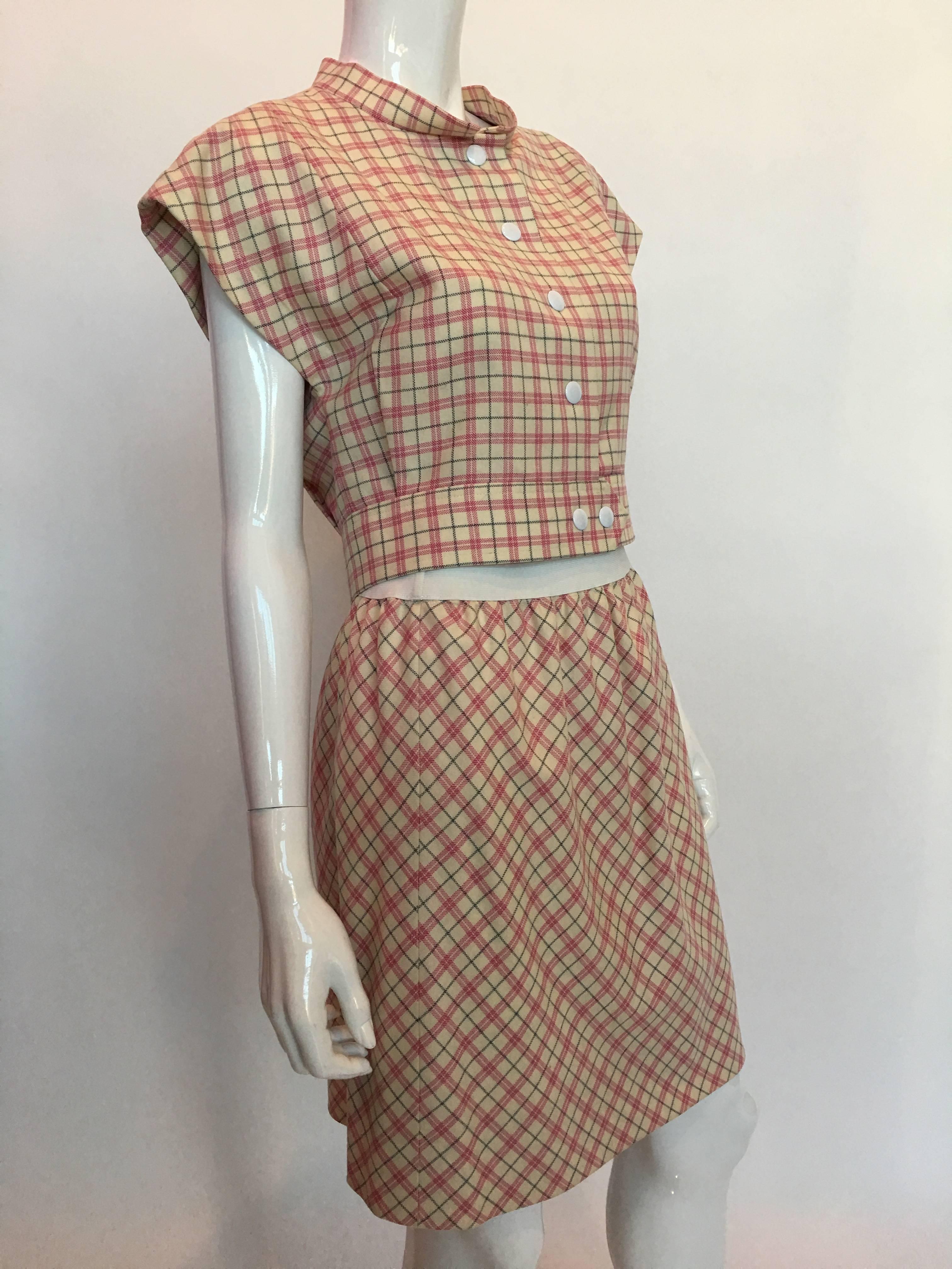 Brown Pierre Cardin Pink and White Plaid Wool Cap Sleeve Skirt Suit, 1980s 