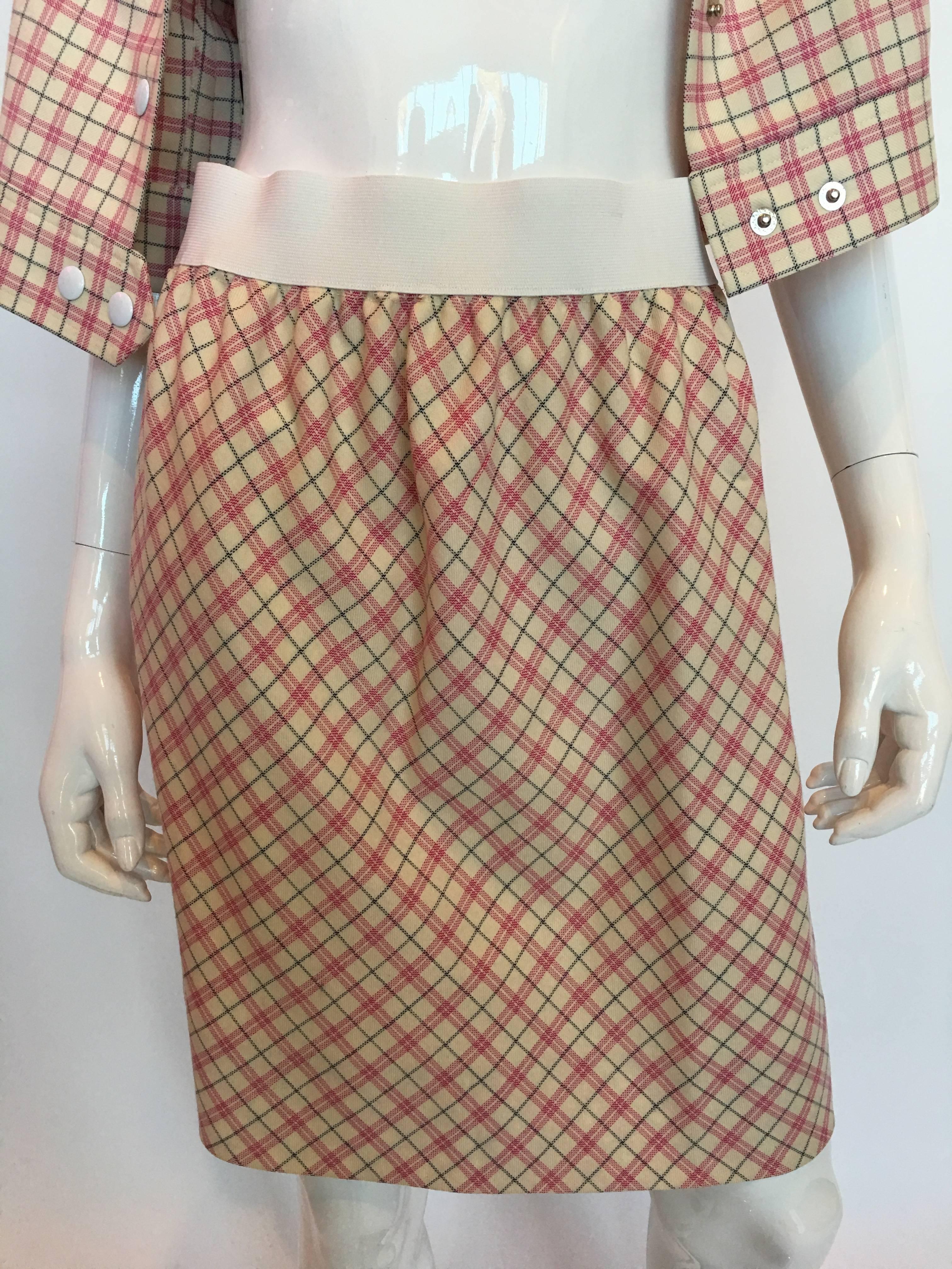 Women's or Men's Pierre Cardin Pink and White Plaid Wool Cap Sleeve Skirt Suit, 1980s 