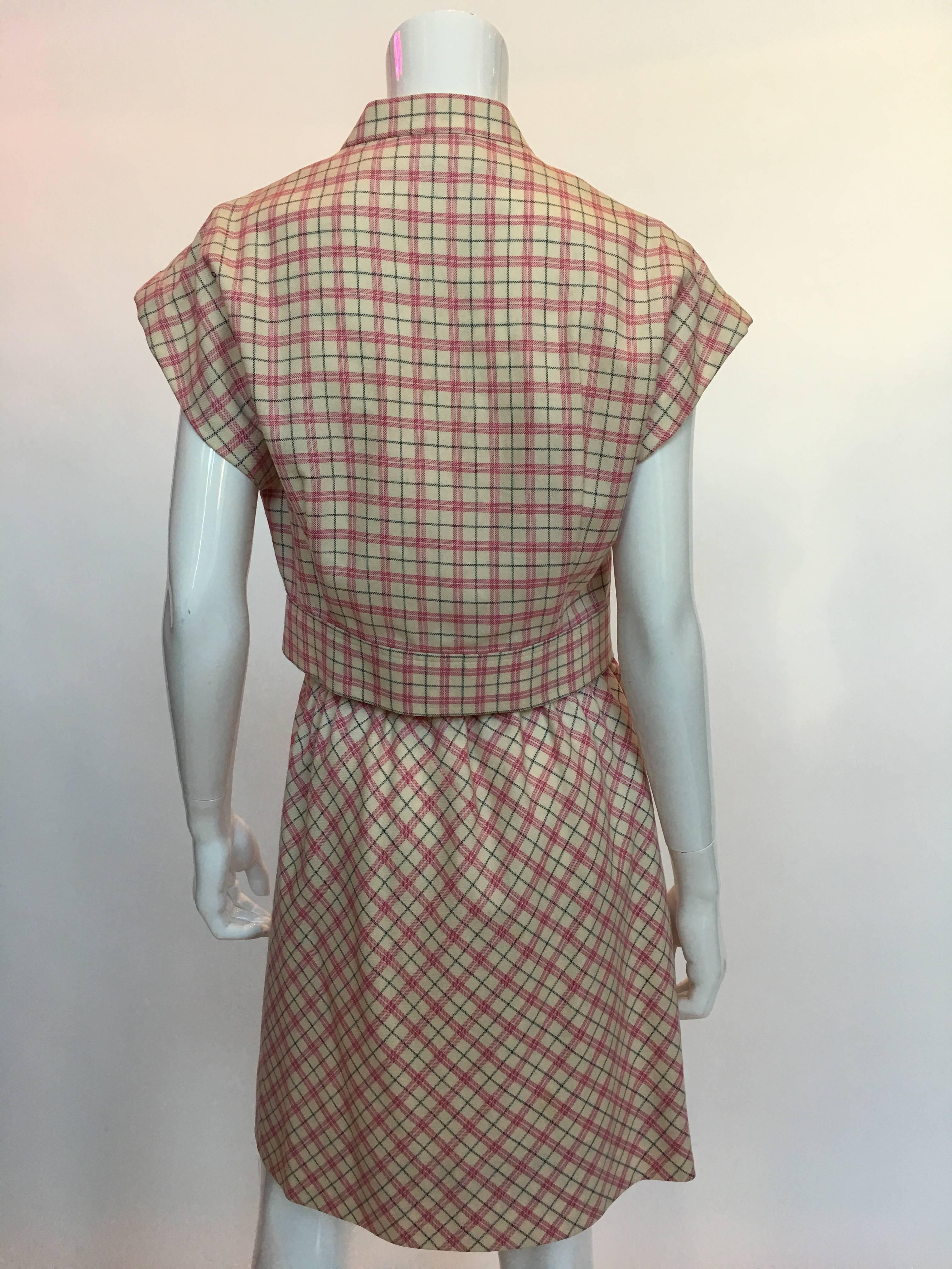 Pierre Cardin Pink and White Plaid Wool Cap Sleeve Skirt Suit, 1980s  2