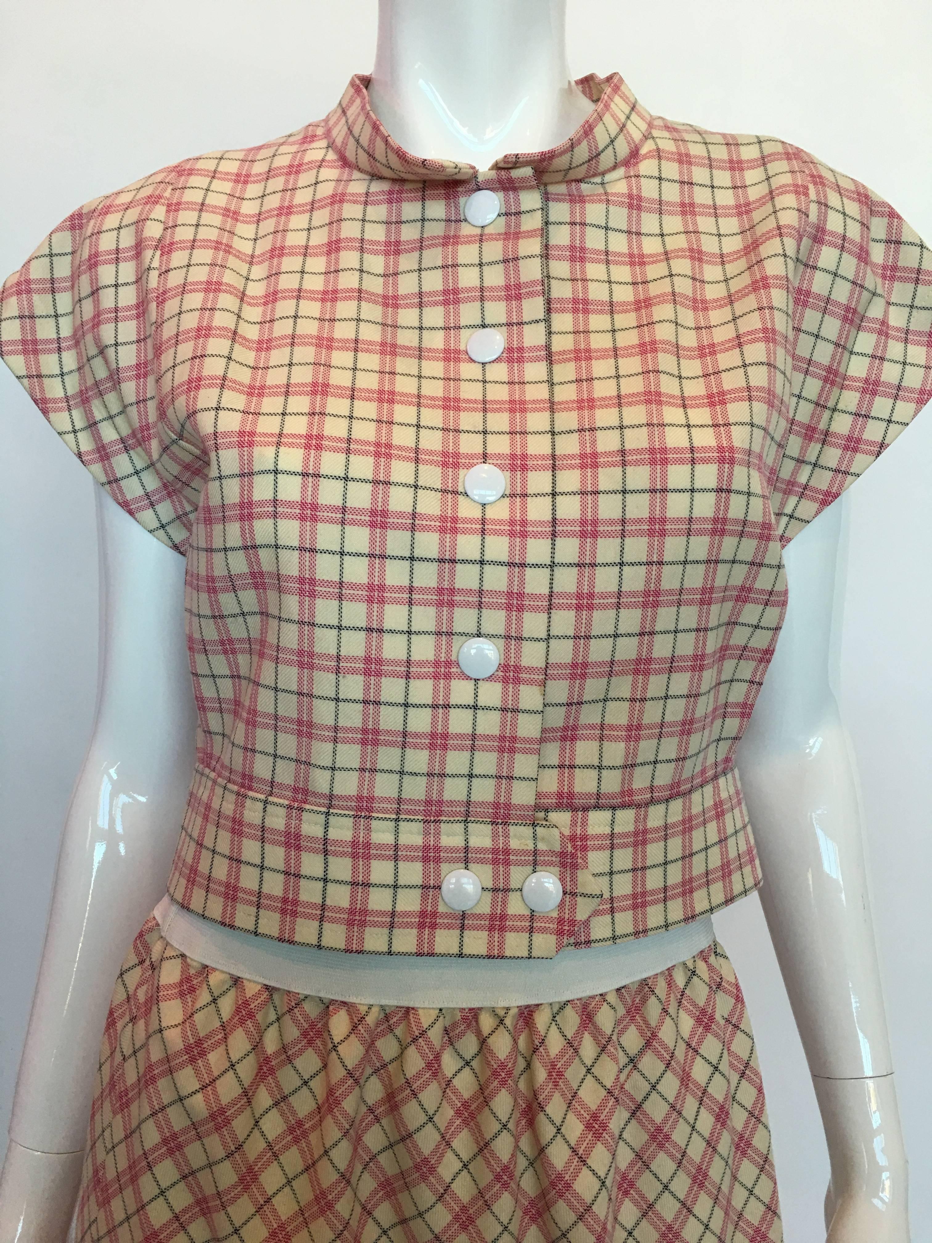 Pierre Cardin Pink and White Plaid Wool Cap Sleeve Skirt Suit, 1980s  In Good Condition In Los Angeles, CA