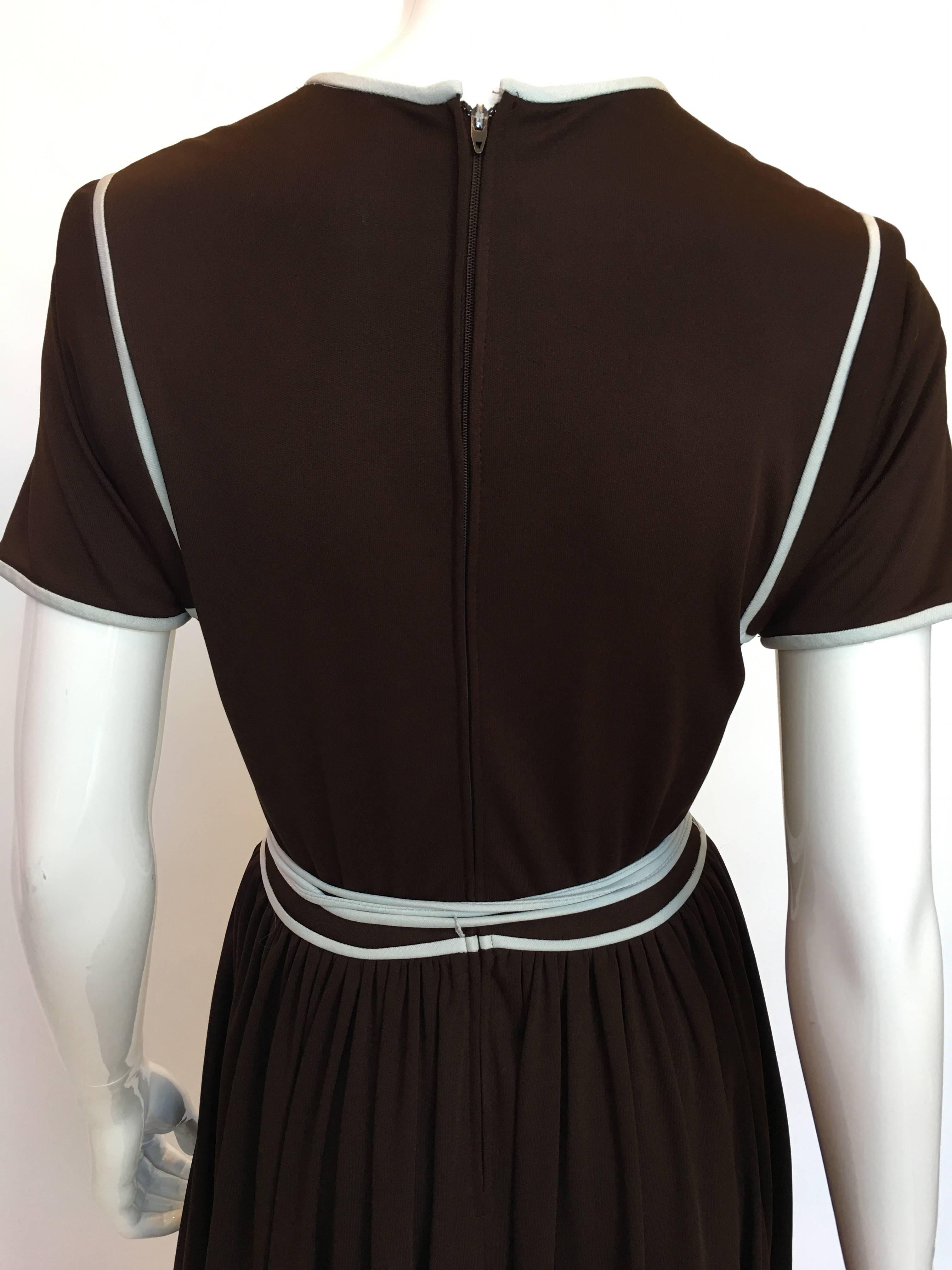 Black 1970s Donald Brooks Brown Poly Dress With White Piping For Sale