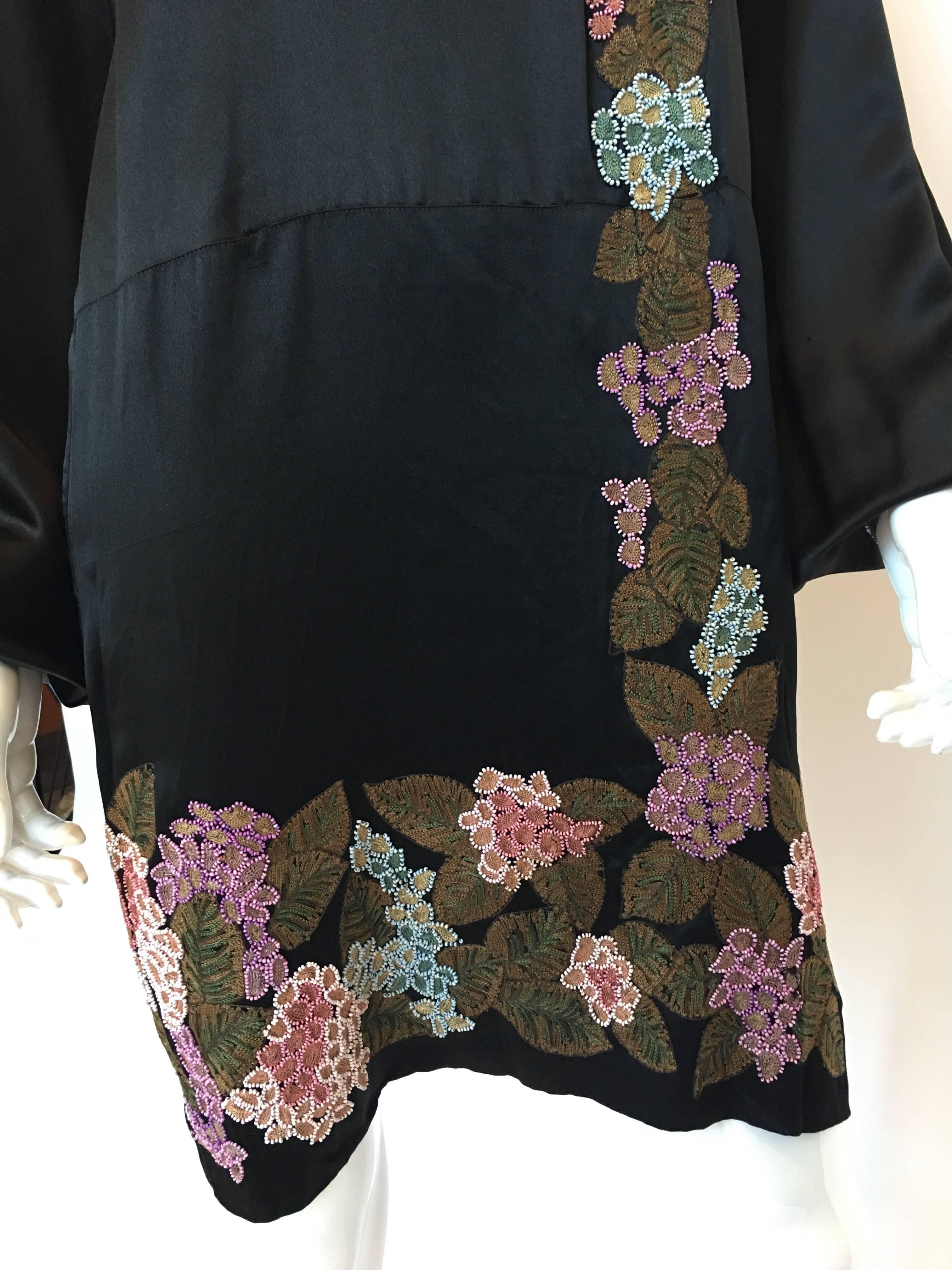 Handmade Black Silk Embroidered and Beaded Floral Trim Dress, 1920s 1