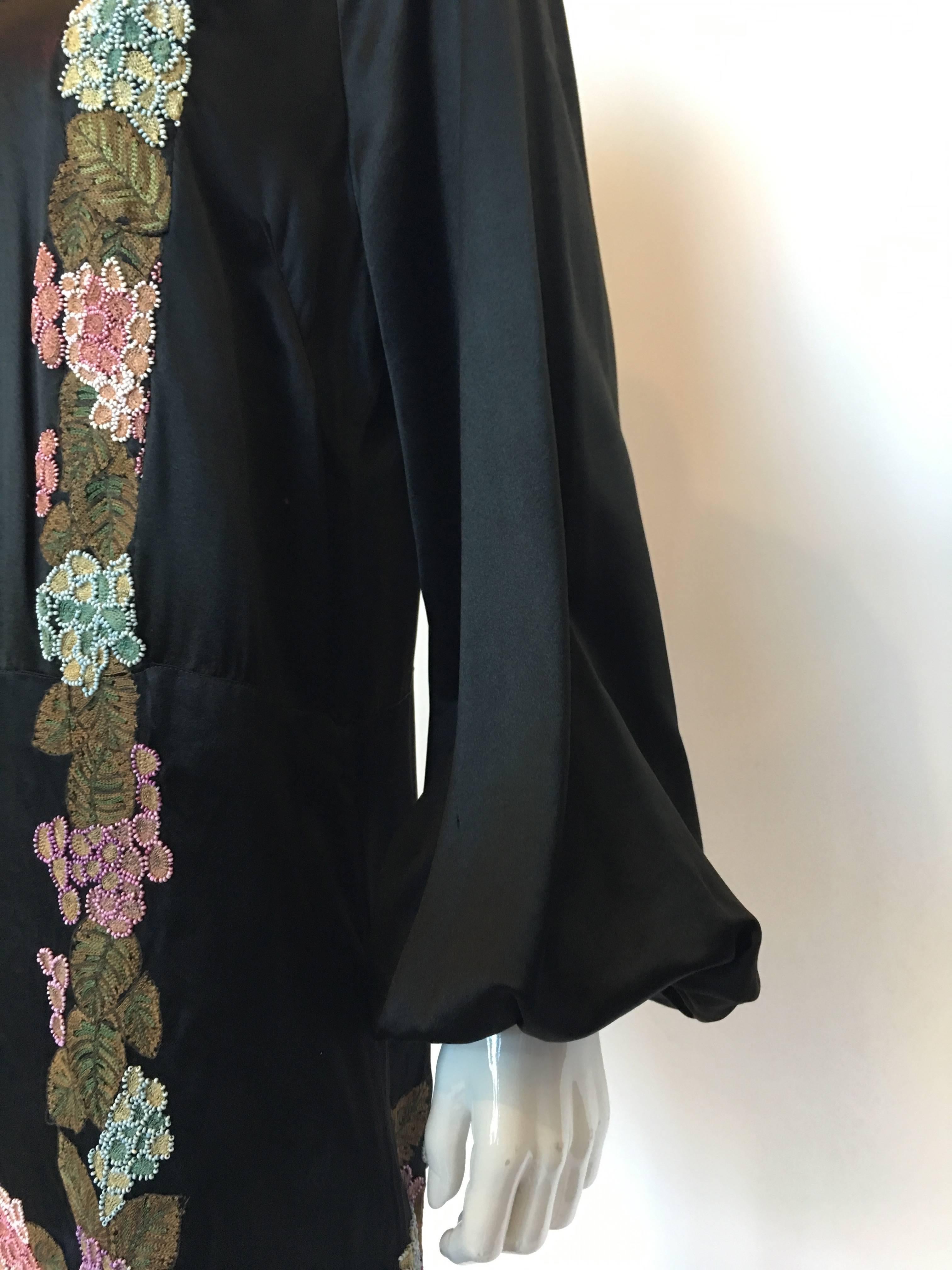 Handmade Black Silk Embroidered and Beaded Floral Trim Dress, 1920s 2