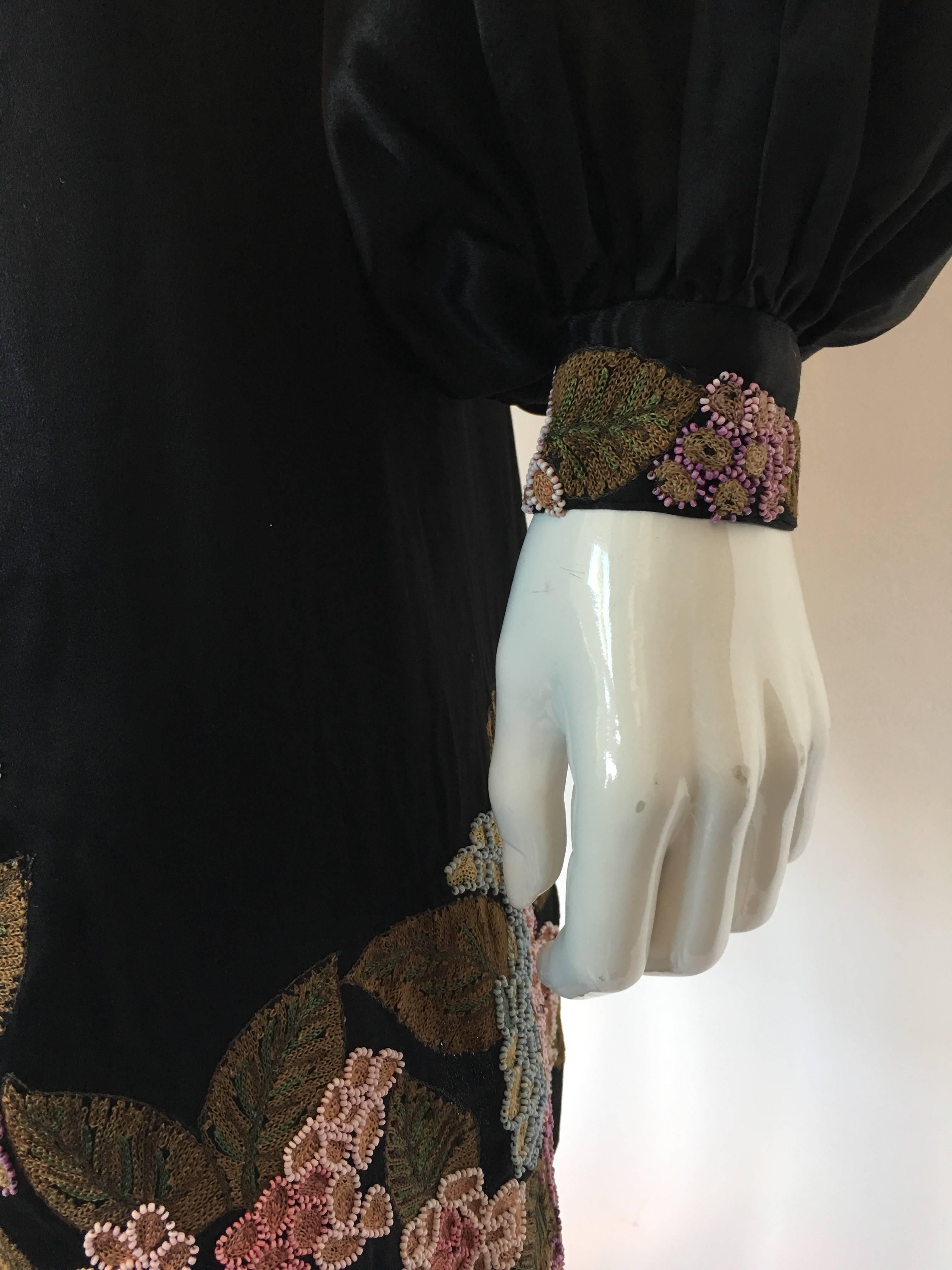 Handmade Black Silk Embroidered and Beaded Floral Trim Dress, 1920s 3