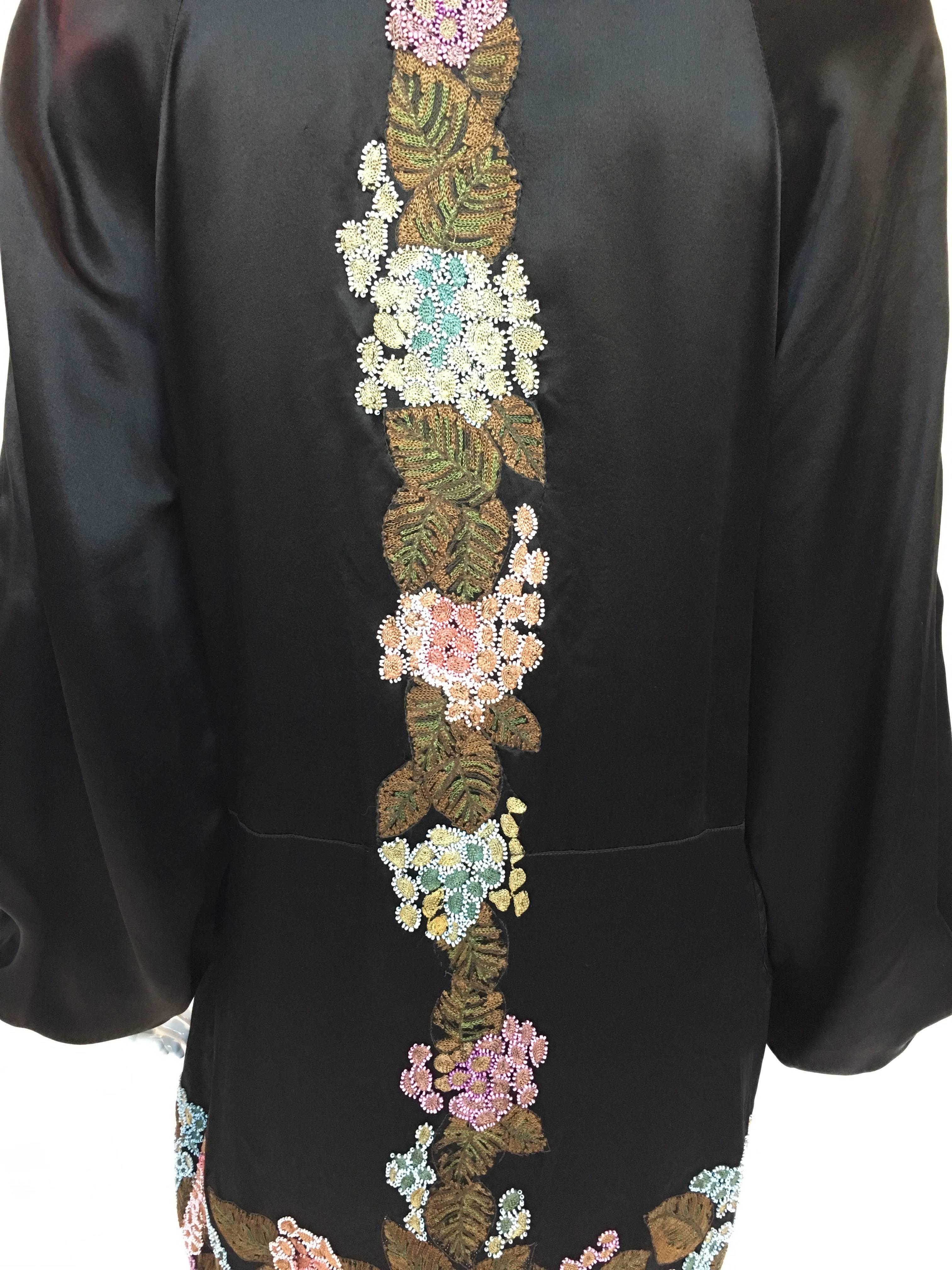Handmade Black Silk Embroidered and Beaded Floral Trim Dress, 1920s 4