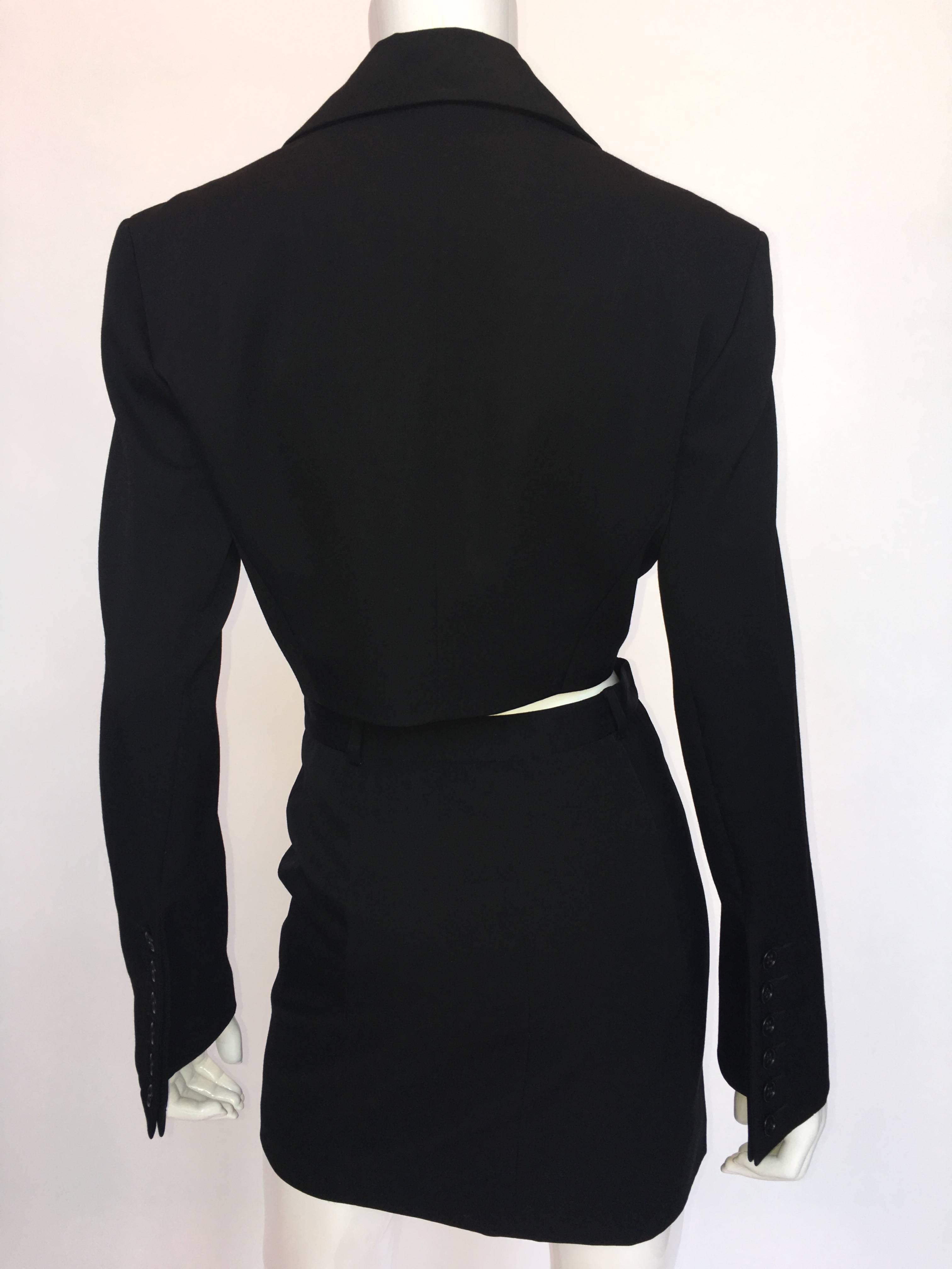 1980s OMO by Norma Kamali Black Wool Mini Skirt Suit with Button Detail In Good Condition For Sale In Los Angeles, CA