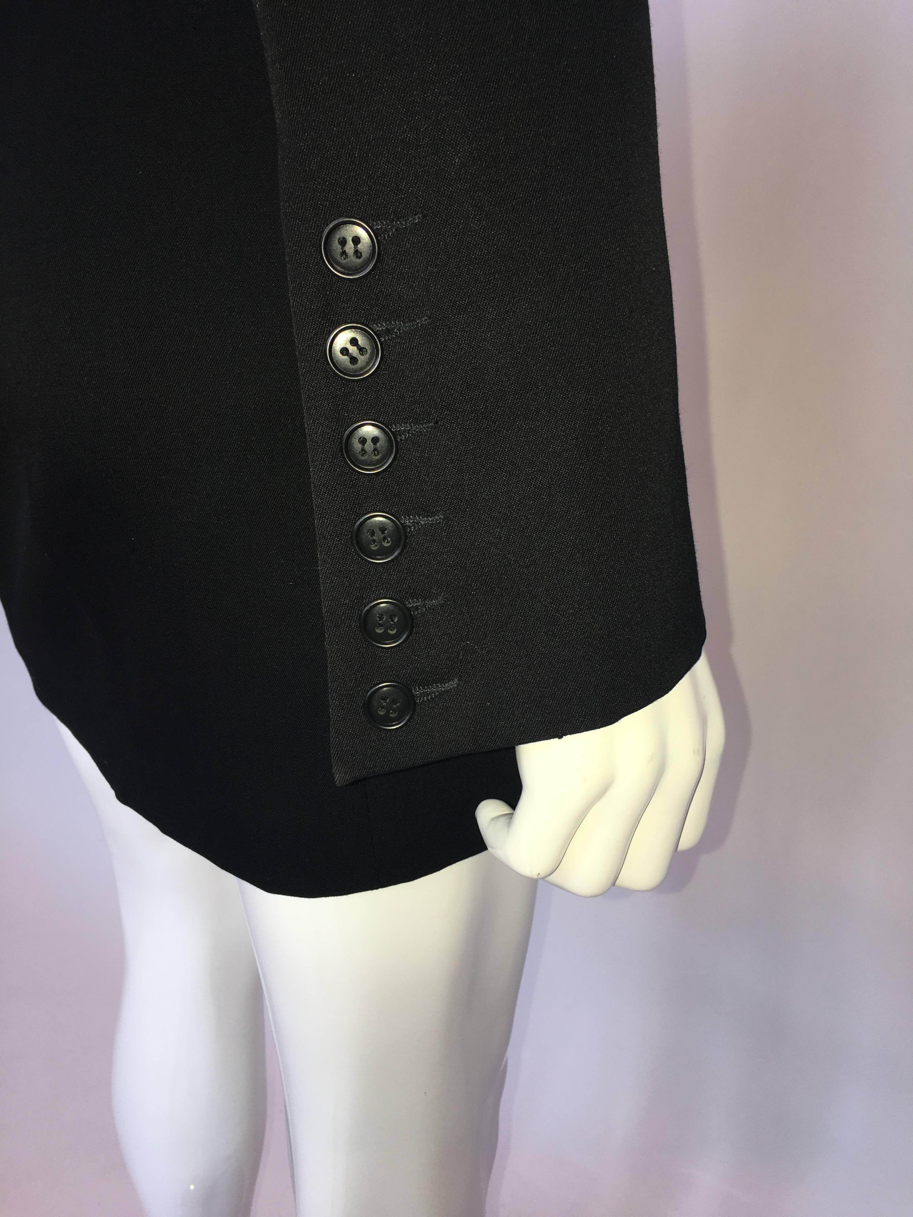 Women's or Men's 1980s OMO by Norma Kamali Black Wool Mini Skirt Suit with Button Detail For Sale