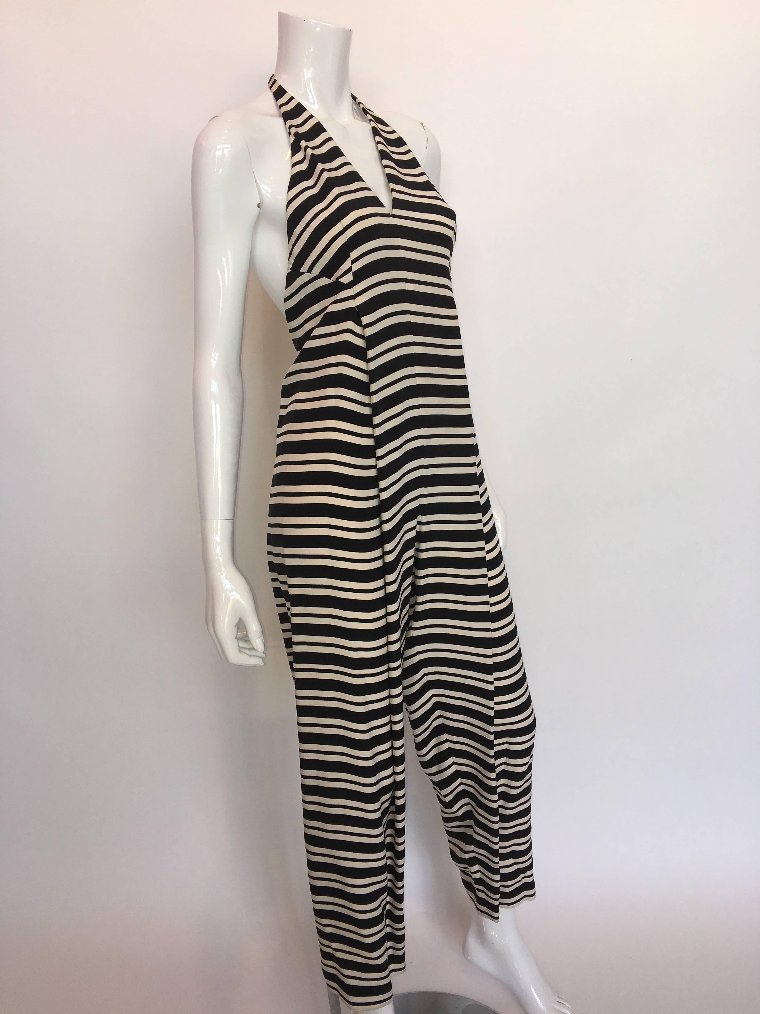 1970s Geoffrey Beene Black & White Striped Halter Neck Jumpsuit In Good Condition For Sale In Los Angeles, CA