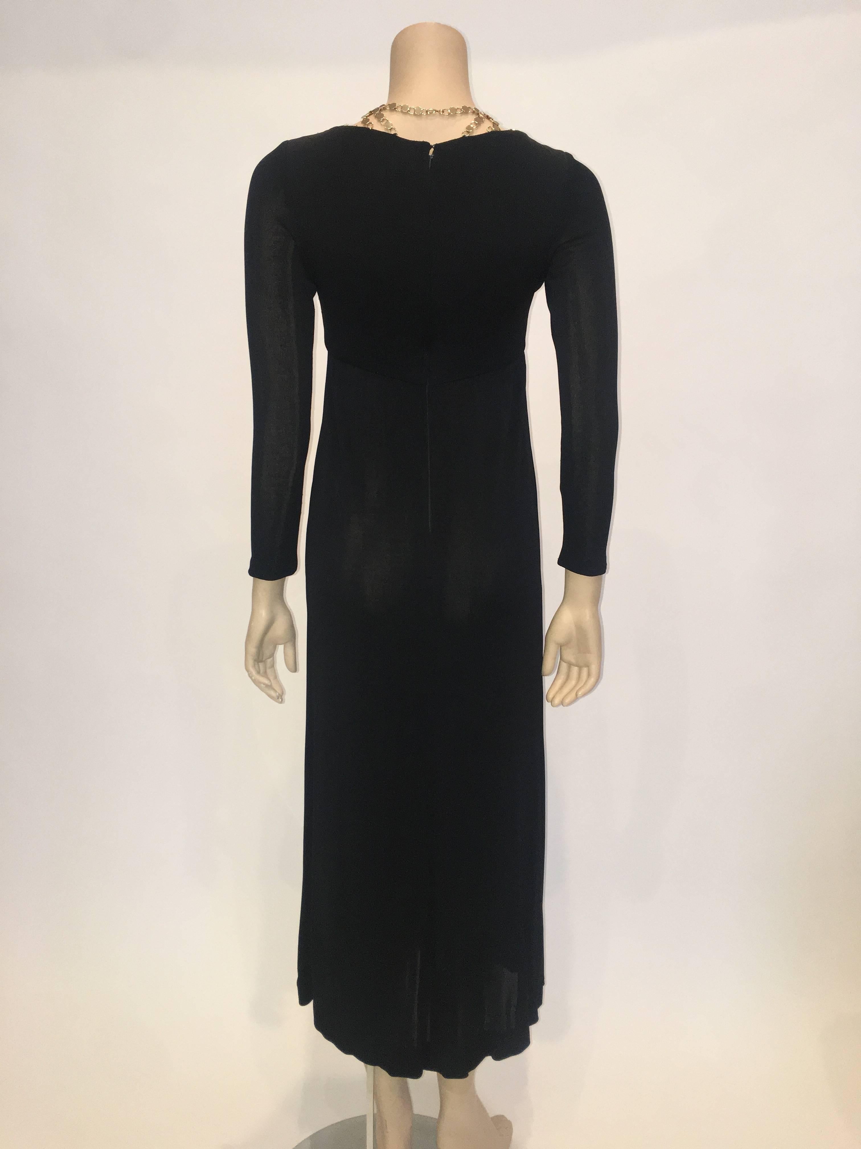 Jay Kobrin 1960's Black Matte Jersey Long Dress with Gold Chain Neckline In Good Condition For Sale In Los Angeles, CA