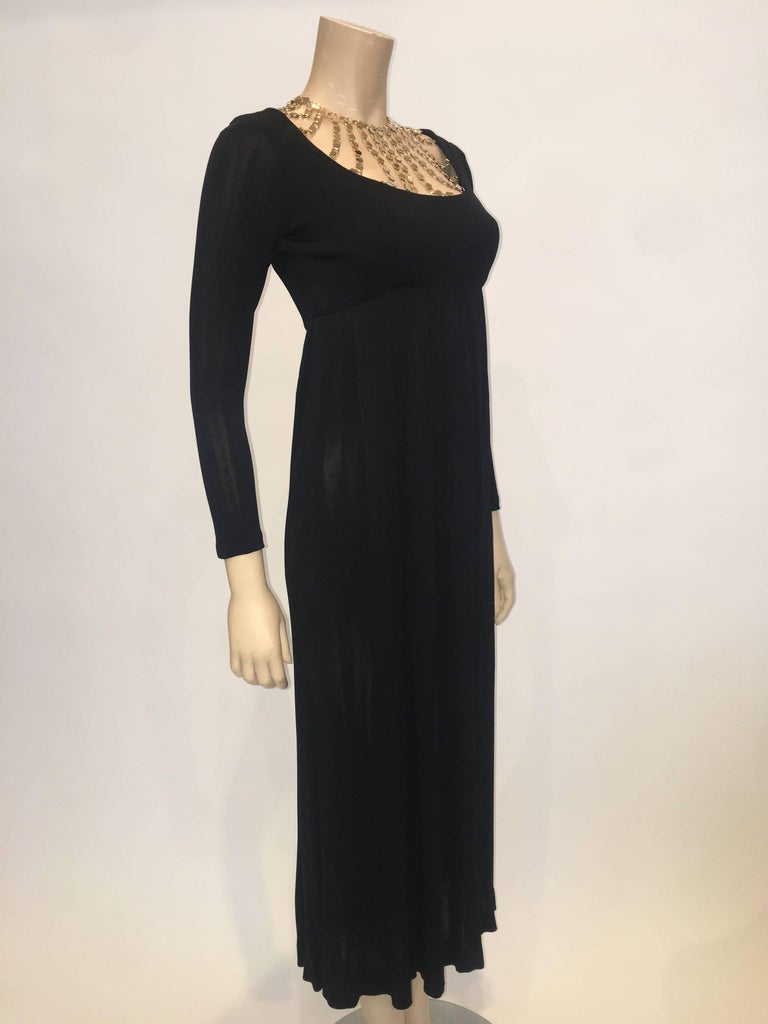 Jay Kobrin 1960's Black Matte Jersey Long Dress with Gold Chain ...