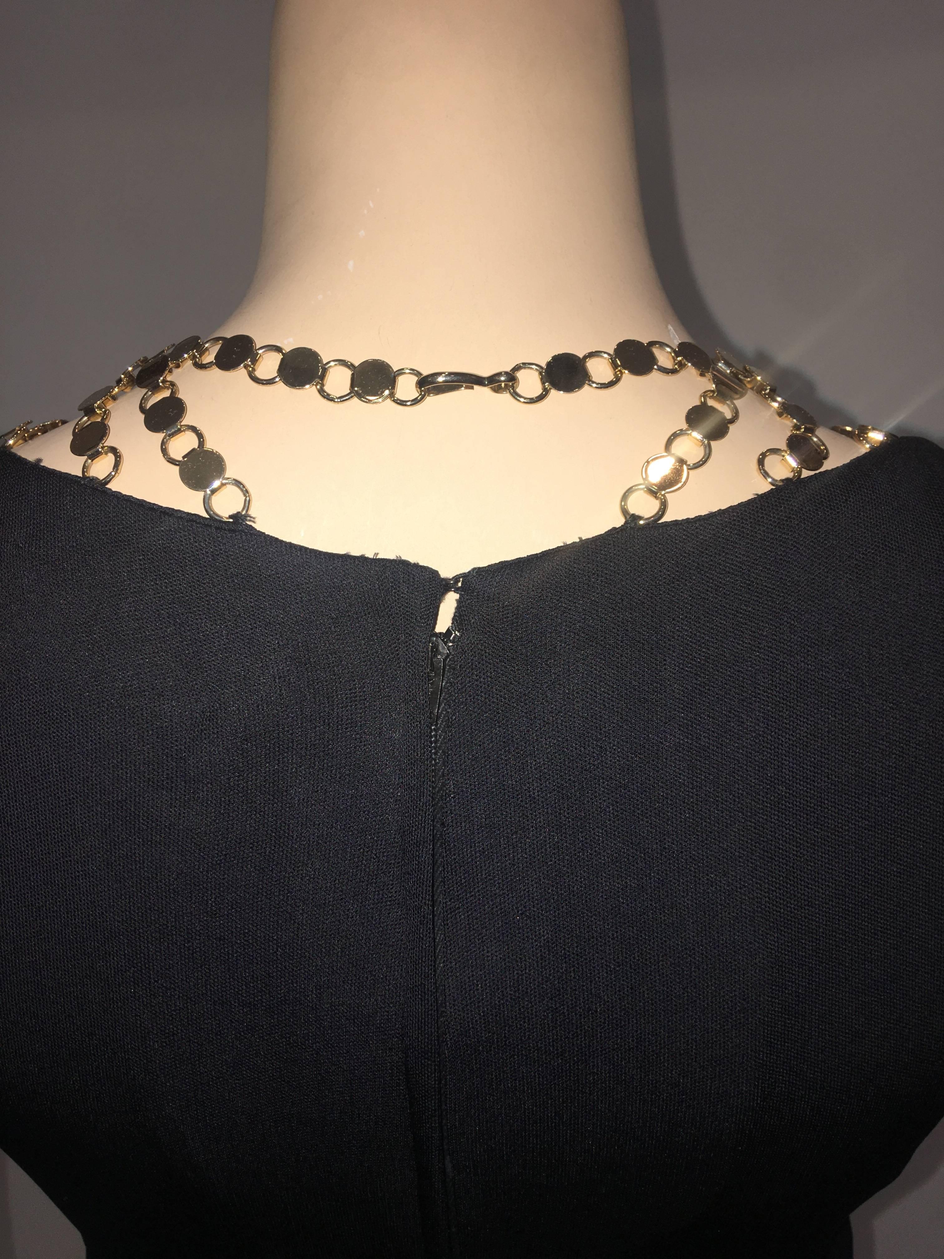 Jay Kobrin 1960's Black Matte Jersey Long Dress with Gold Chain Neckline For Sale 1