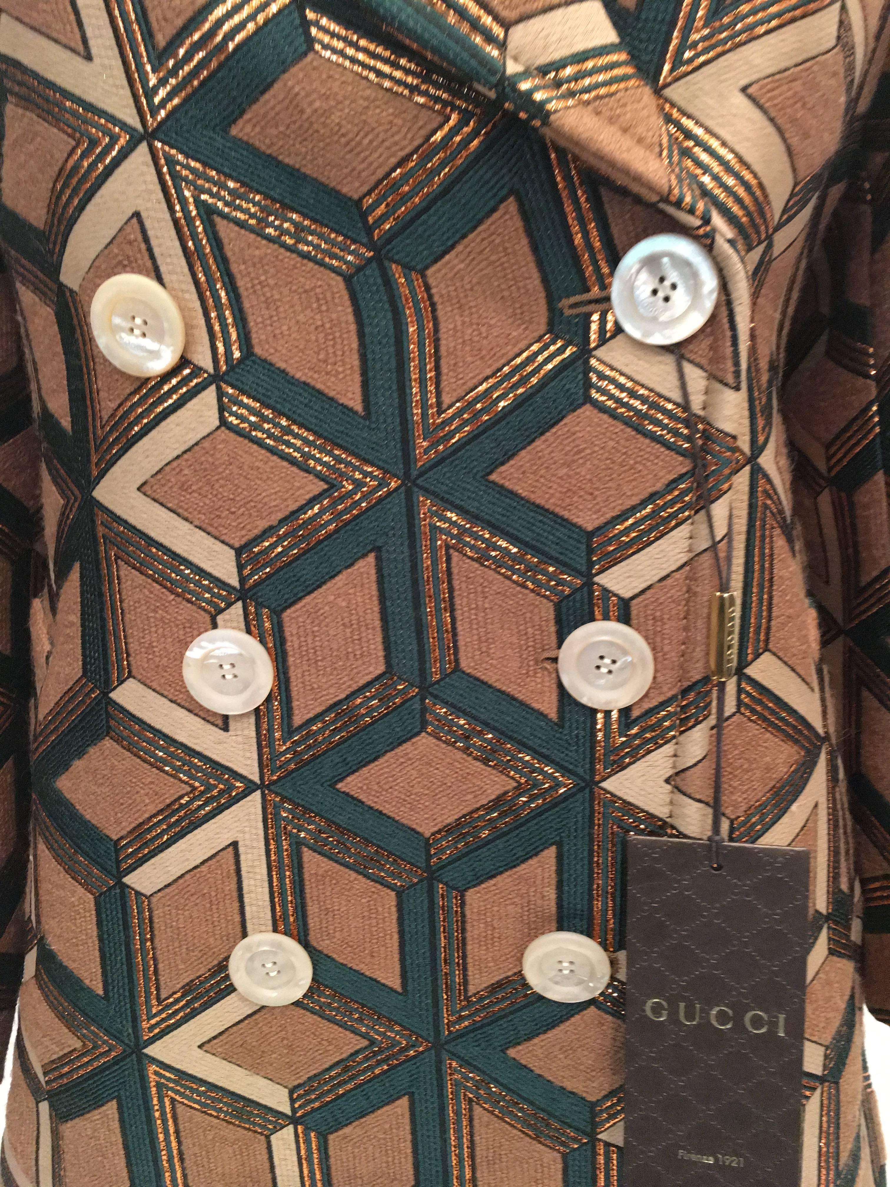 Brown Gucci Geometric Copper and Tan Double Breasted Wool Coat 