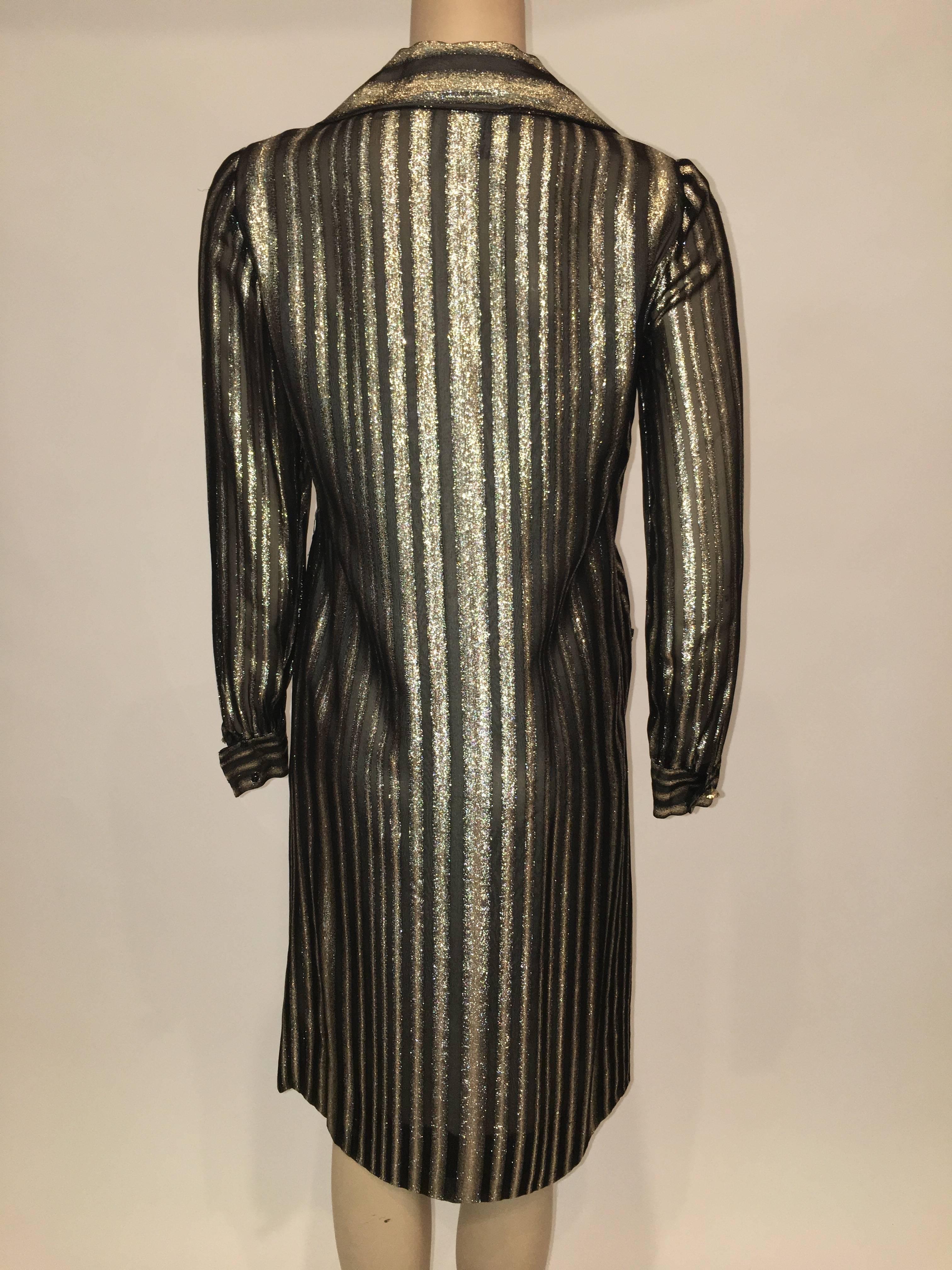 Adele Simpson 1960's Gold and Silver Metallic Stripe Cocktail Shift Dress

Size Label : 12 (Mannequin Size 4, Dress fits mannequin) 
Dress has : 
- 9 Front Buttons
- 2 Front Patch Pockets 6