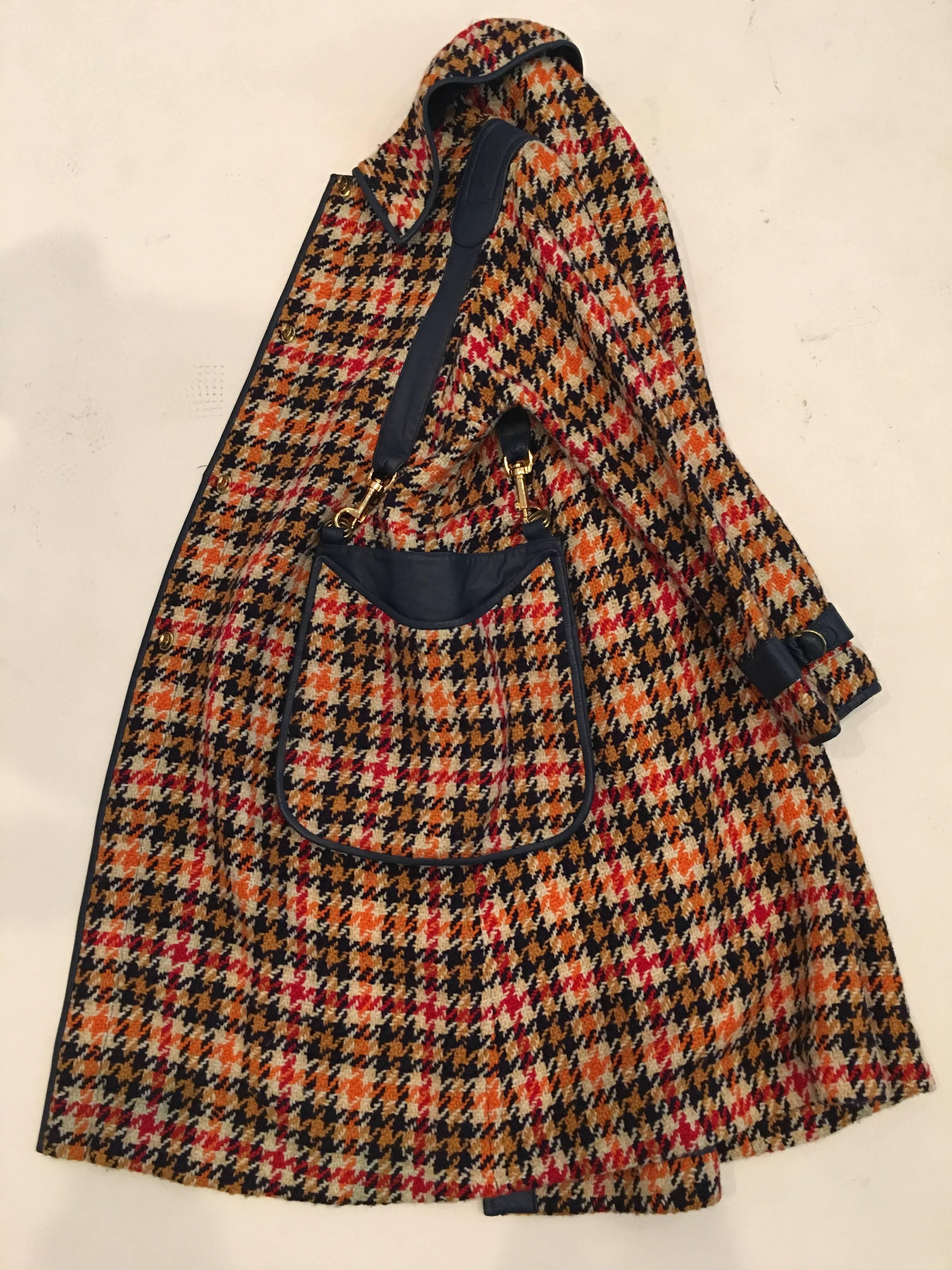 Bonnie Cashin 1960's Wool Plaid A Line Coat with Navy Blue Leather Trim ...