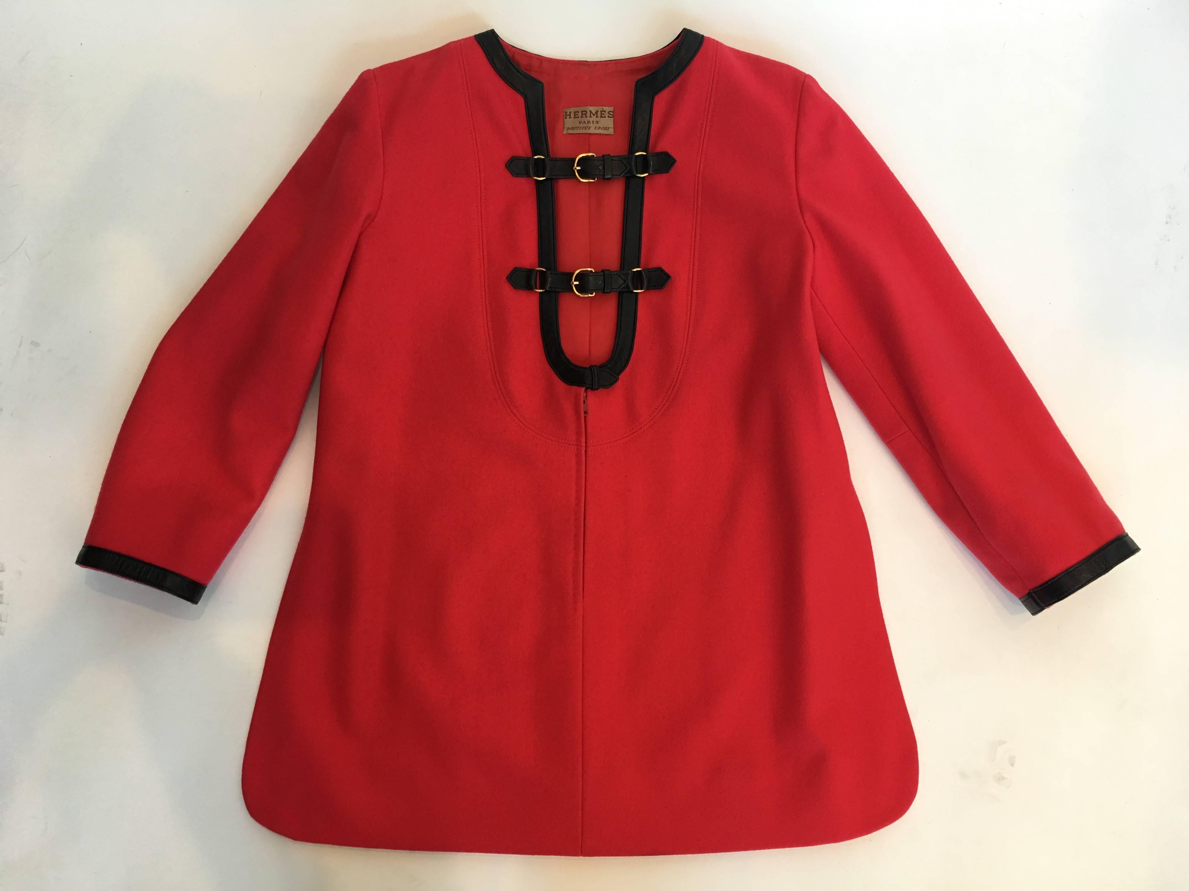 Hermes 1970's Crimson Red Tunic Top with Black Leather Strapping For Sale 2