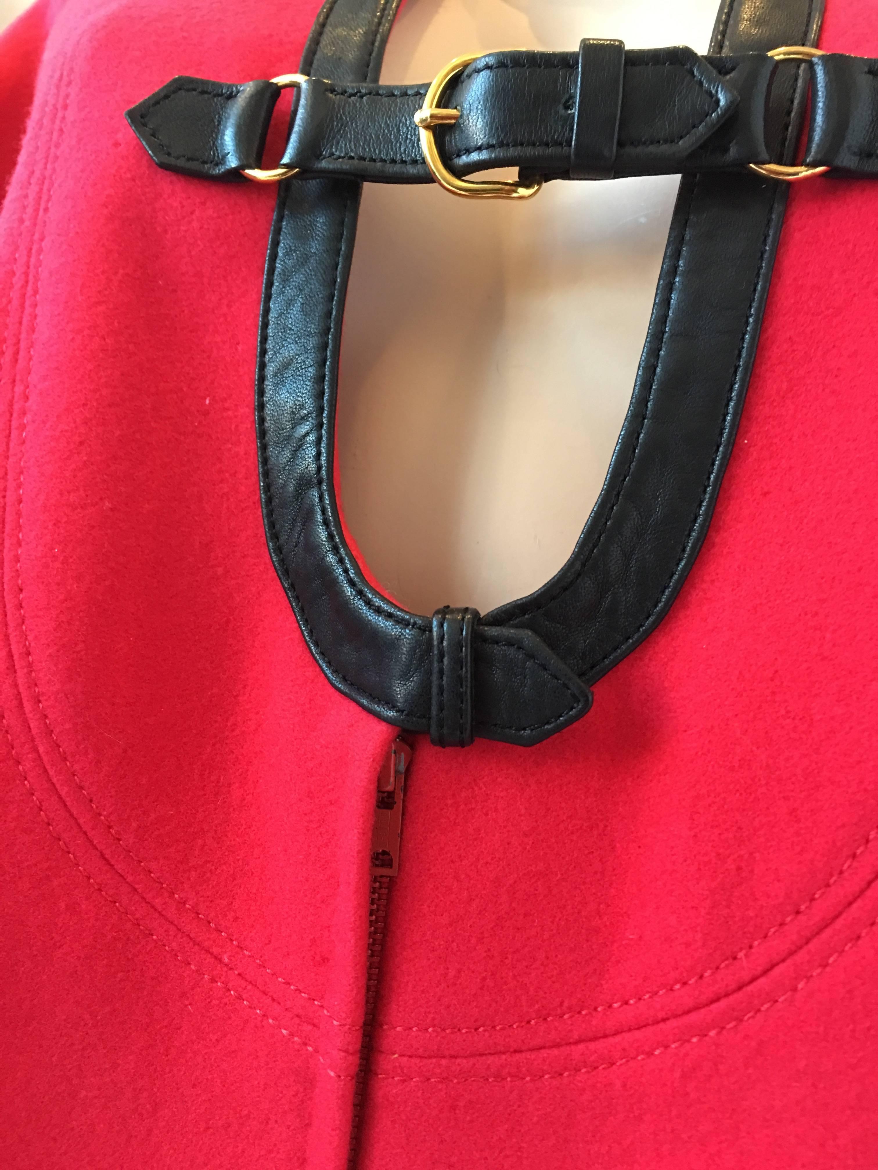 Women's or Men's Hermes 1970's Crimson Red Tunic Top with Black Leather Strapping For Sale