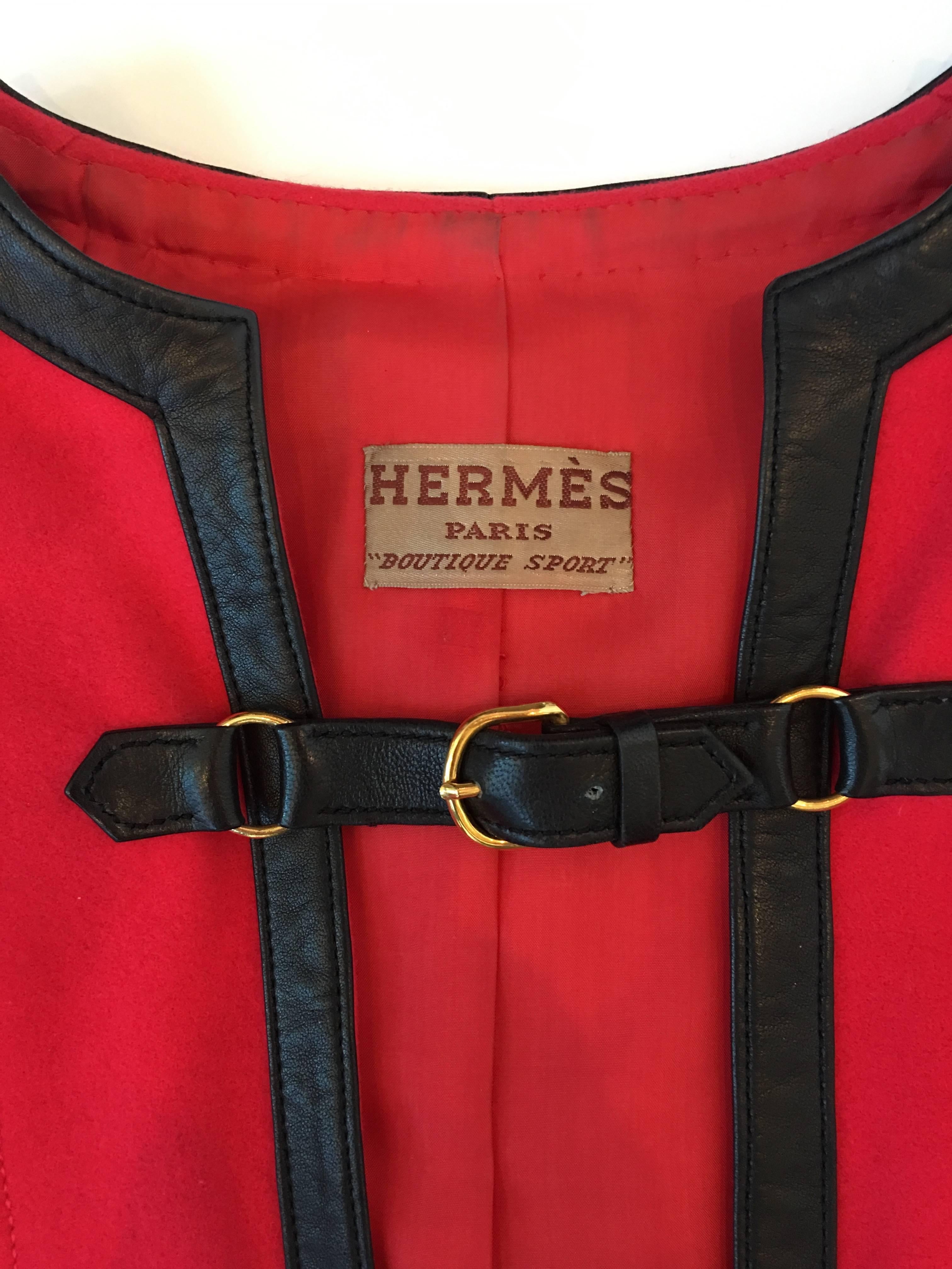 Hermes 1970's Crimson Red Tunic Top with Black Leather Strapping For Sale 1