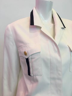 Chanel White Cotton 2 pc Skirt Suit with Navy Blue Trim
