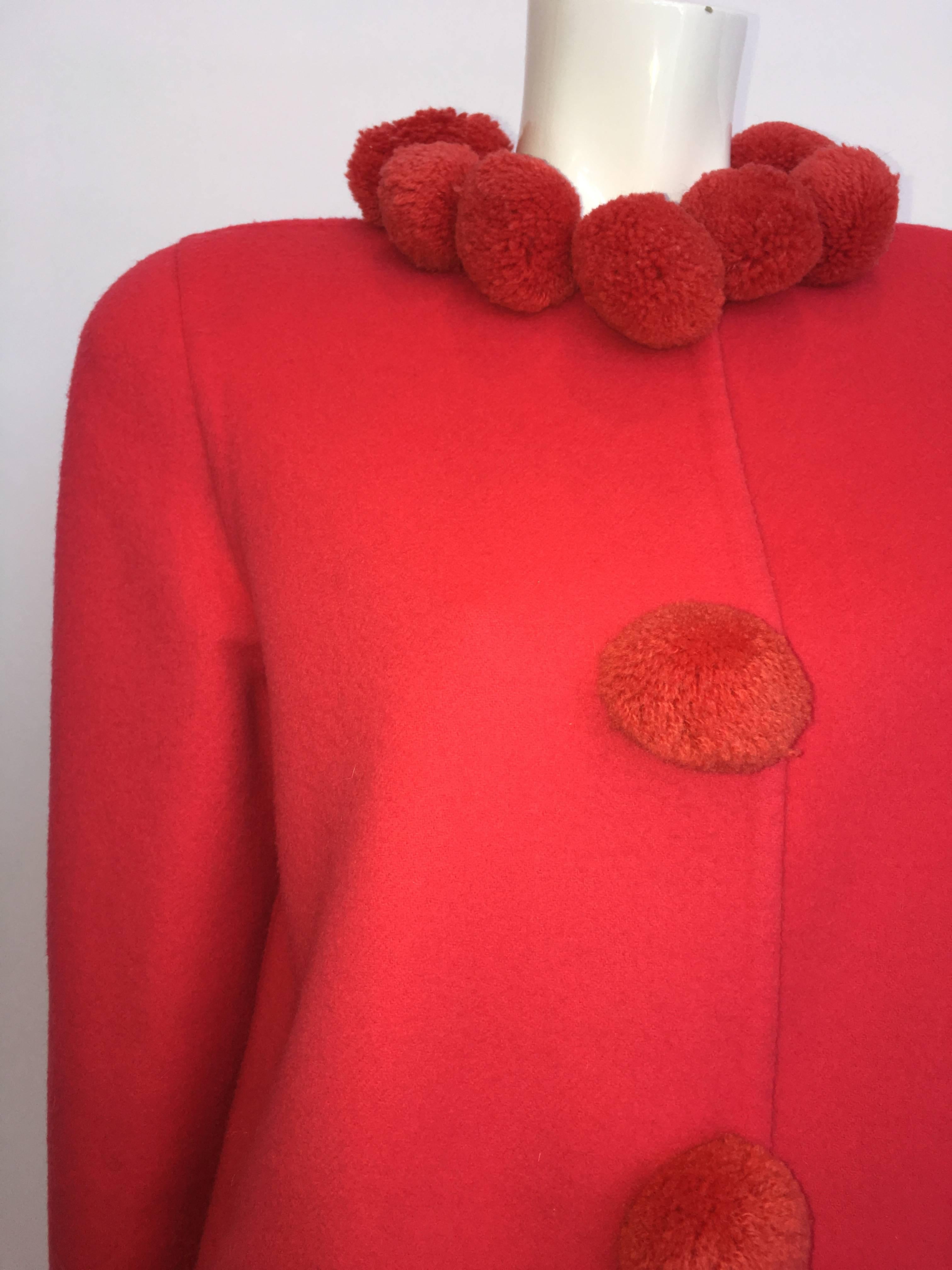 Bill Blass 1980's Pink Coral Pom Pom Wool Coat For Sale 1