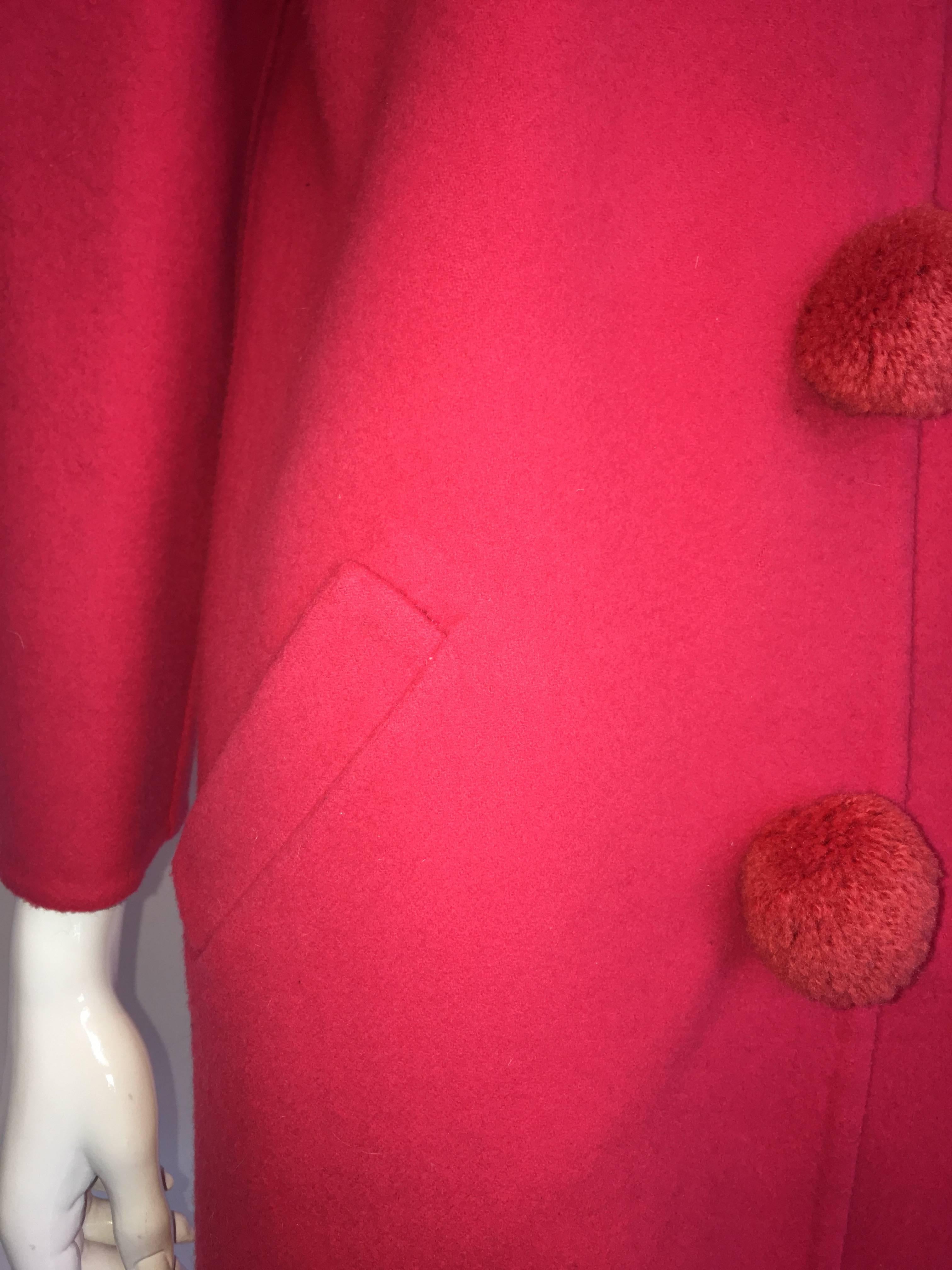 Bill Blass 1980's Pink Coral Pom Pom Wool Coat In Good Condition For Sale In Los Angeles, CA