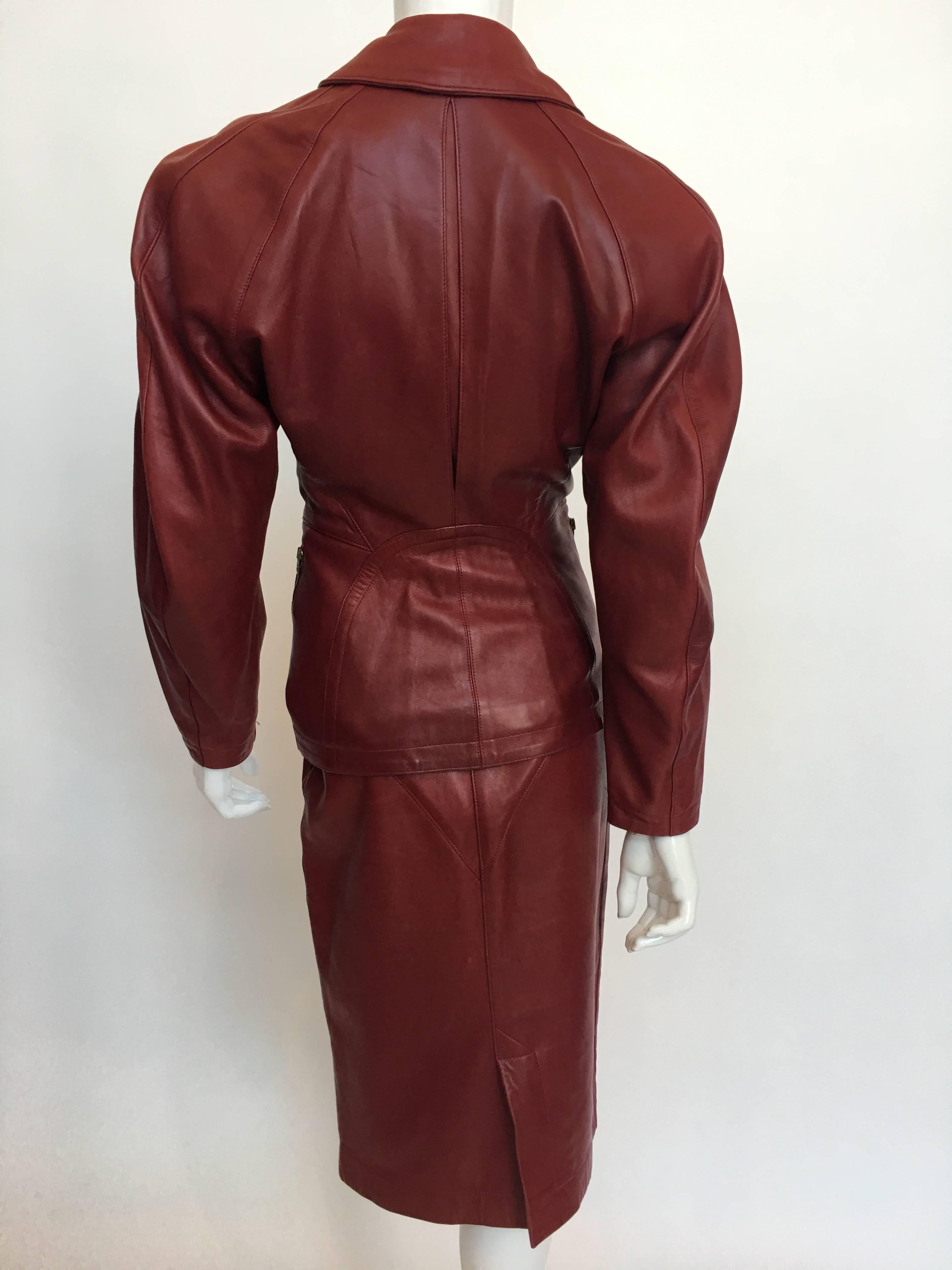 Brown Alaïa 1980's Red Leather Skirt Suit For Sale