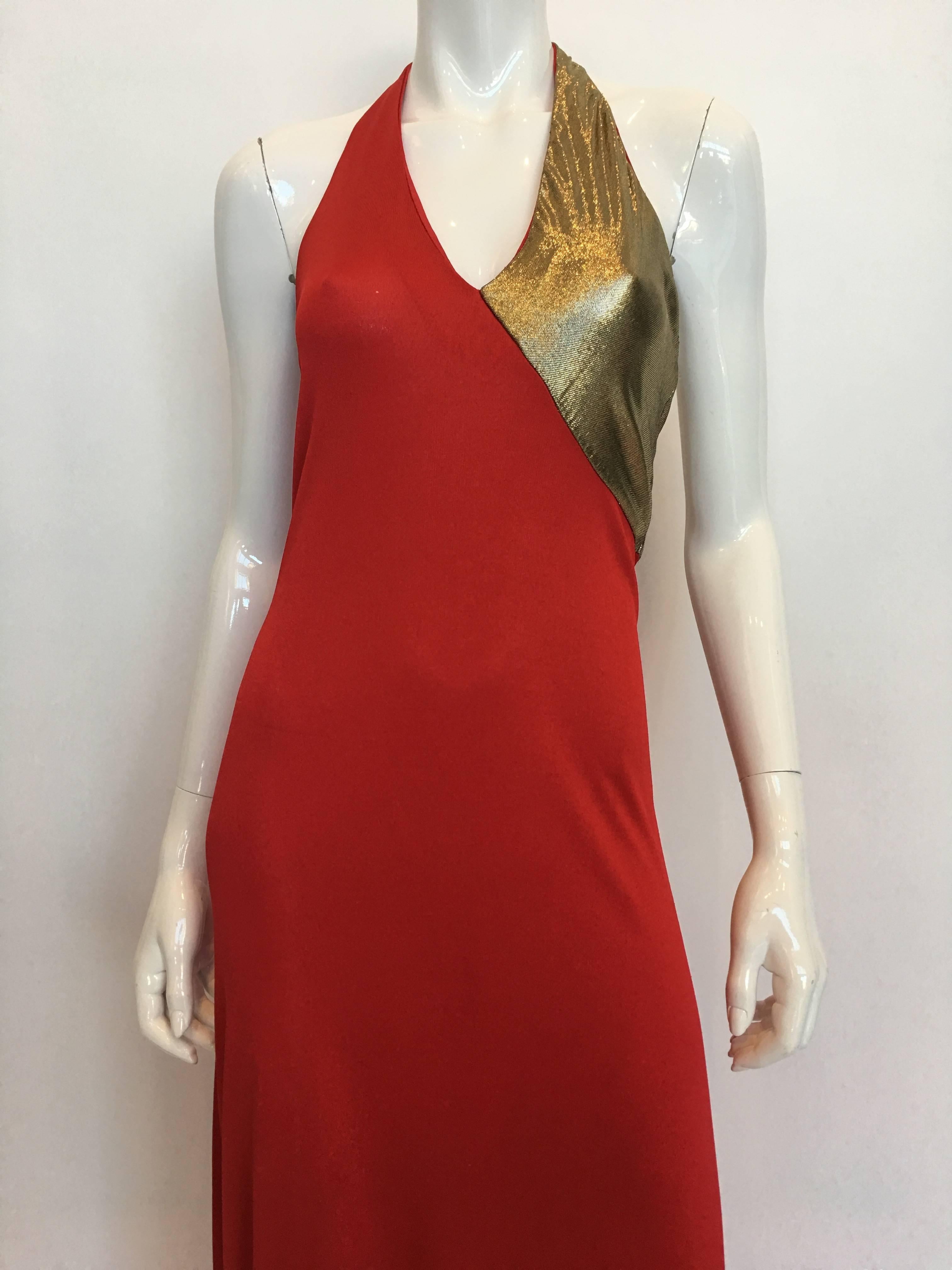 Giorgio Sant'Angelo 1970's Red Jersey Halter Dress with Gold Lame Bust Detail.

*ALL MEASUREMENTS TAKEN FLAT*

Armpit to armpit: 30