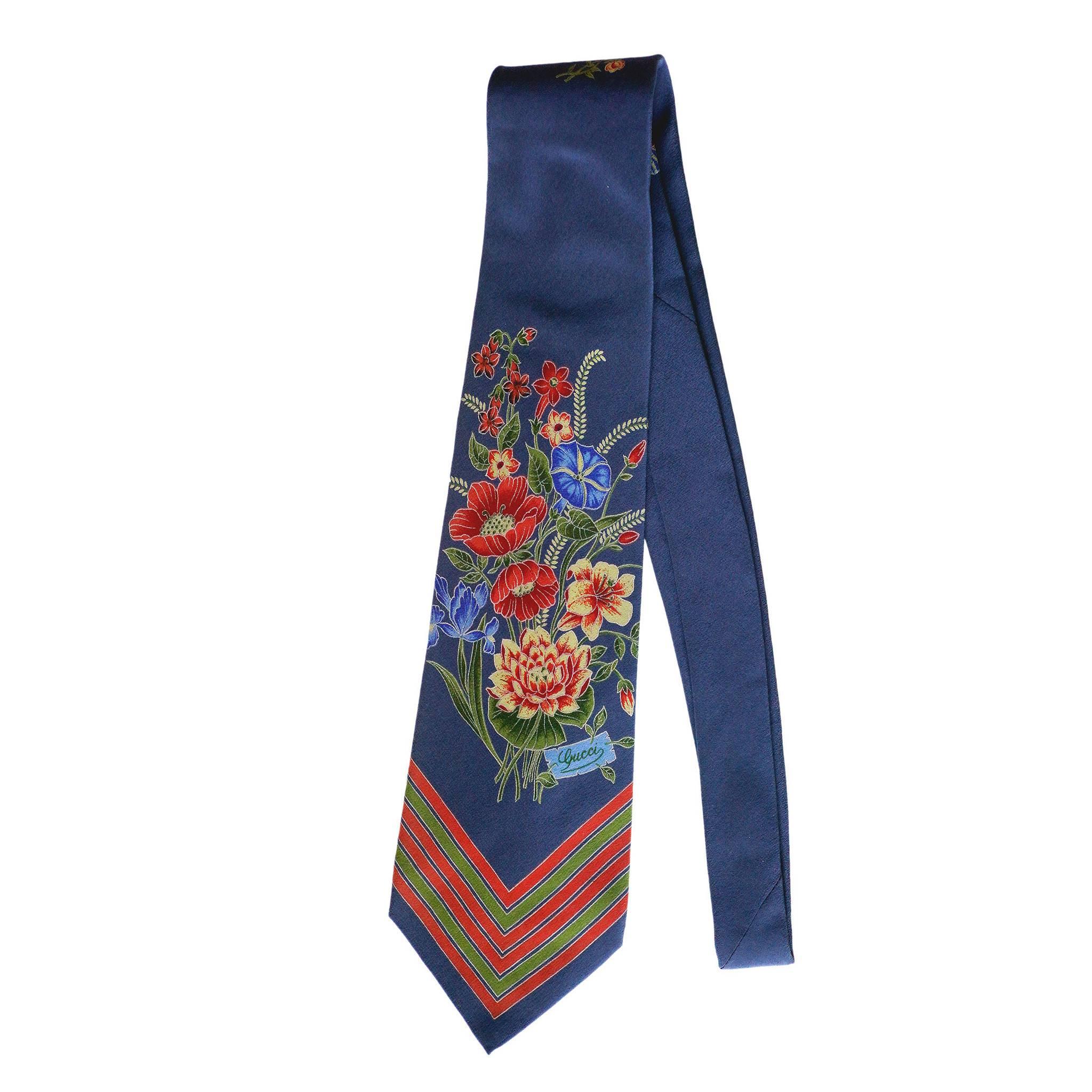Gucci Blue Floral Vintage Tie with Horizontal stripe
