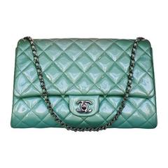 Chanel Platinum Patent Leather Green Classic Flap Bag