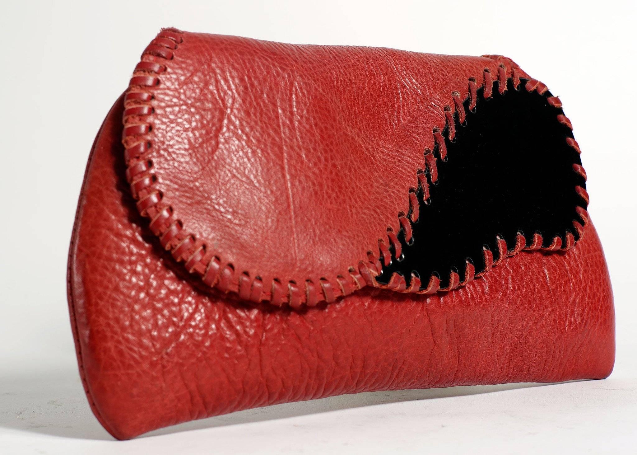 Brown Red Leather Whip Stitched Enamel Clutch, circa 1980 For Sale