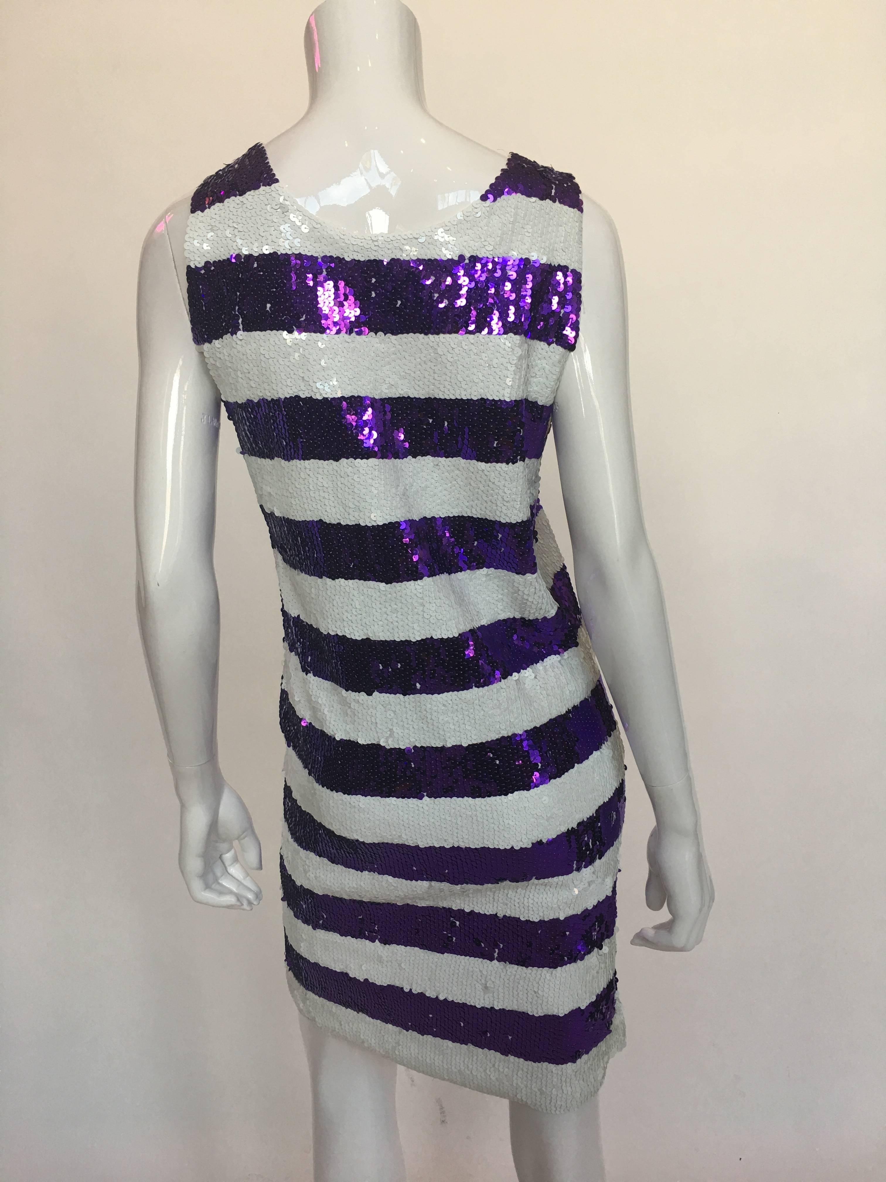 Gene Ewing Sequin Purple and White Striped Shift Dress
Sample Dress

Front neck to hem - 31 1/2 in.
Back neck to hem - 32 in.
Armpit to armpit - 18 in.
Waist - 17 in.