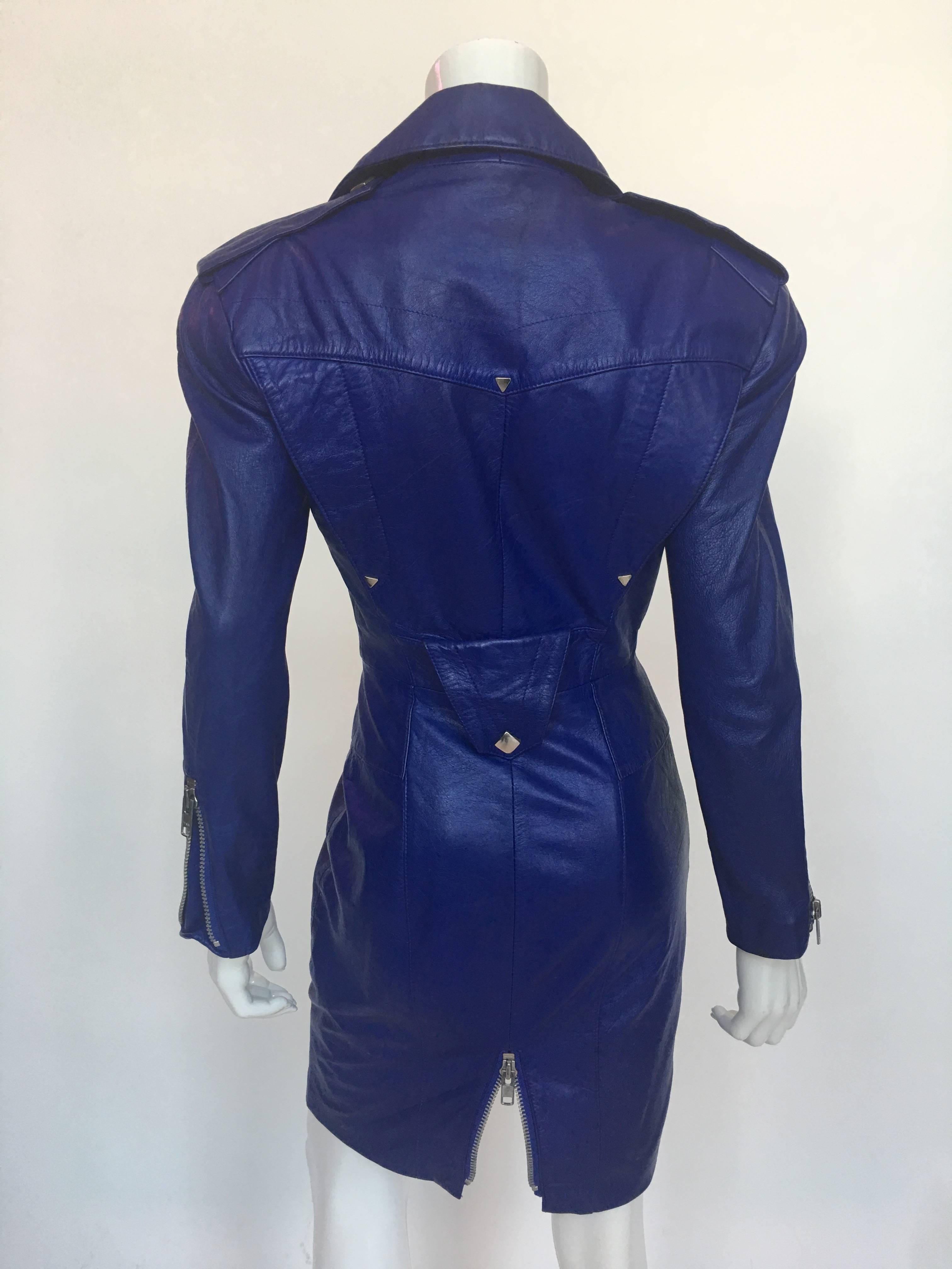 North Beach Leather Michael Hoban Purple/Blue Leather Moto dress with Zippers.

Size Label - Small

Measurements taken flat:
Shoulder Seam to shoulder seam - 19
