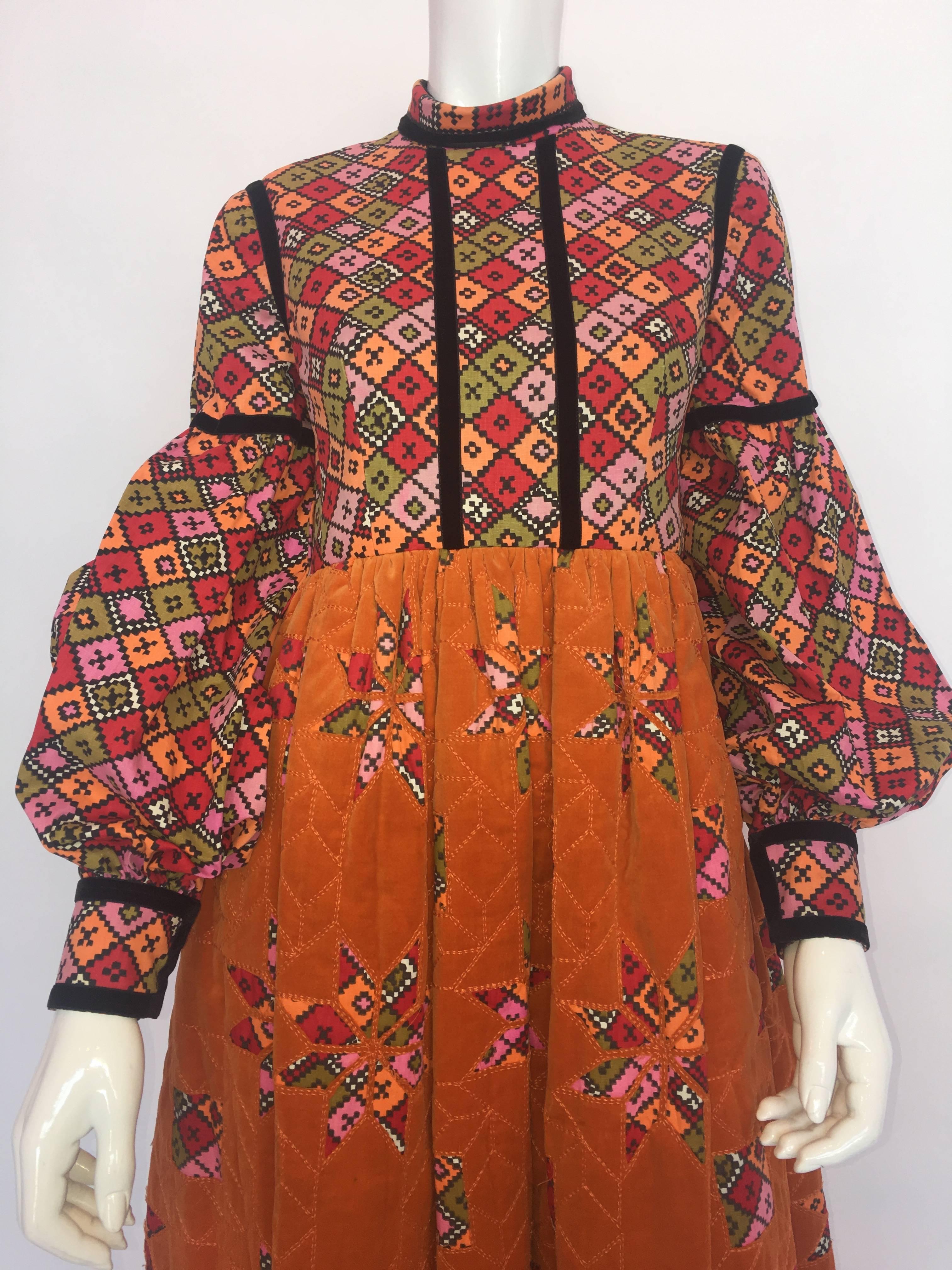 Geoffrey Beene 60's Orange Multi-Color Quilted Skirt Dress

Measurements (taken flat):
Neck Opening - (Circumference) 13