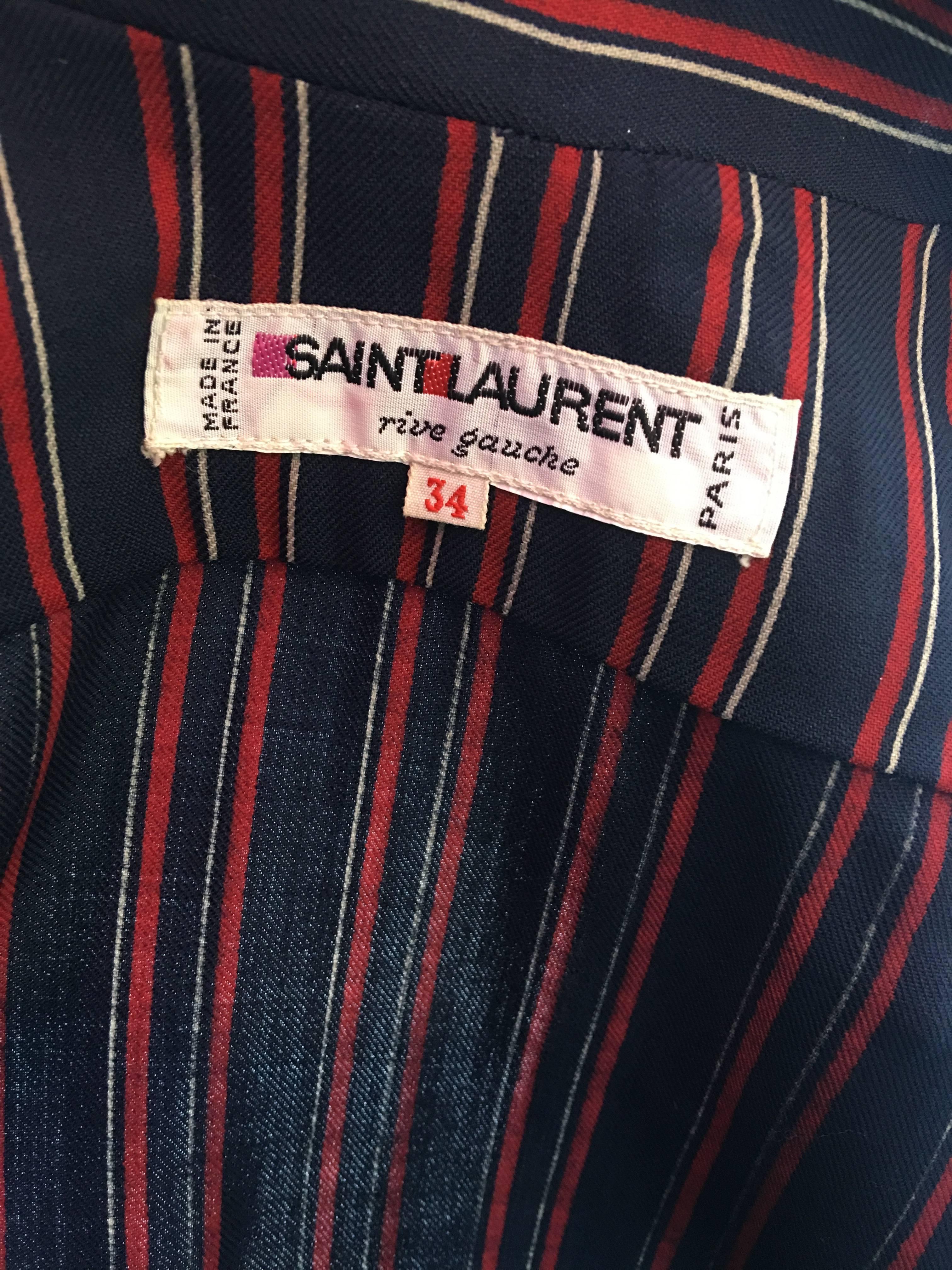 1970s Saint Laurent Blue & Red Striped Wool 2 Piece Skirt Set For Sale 3