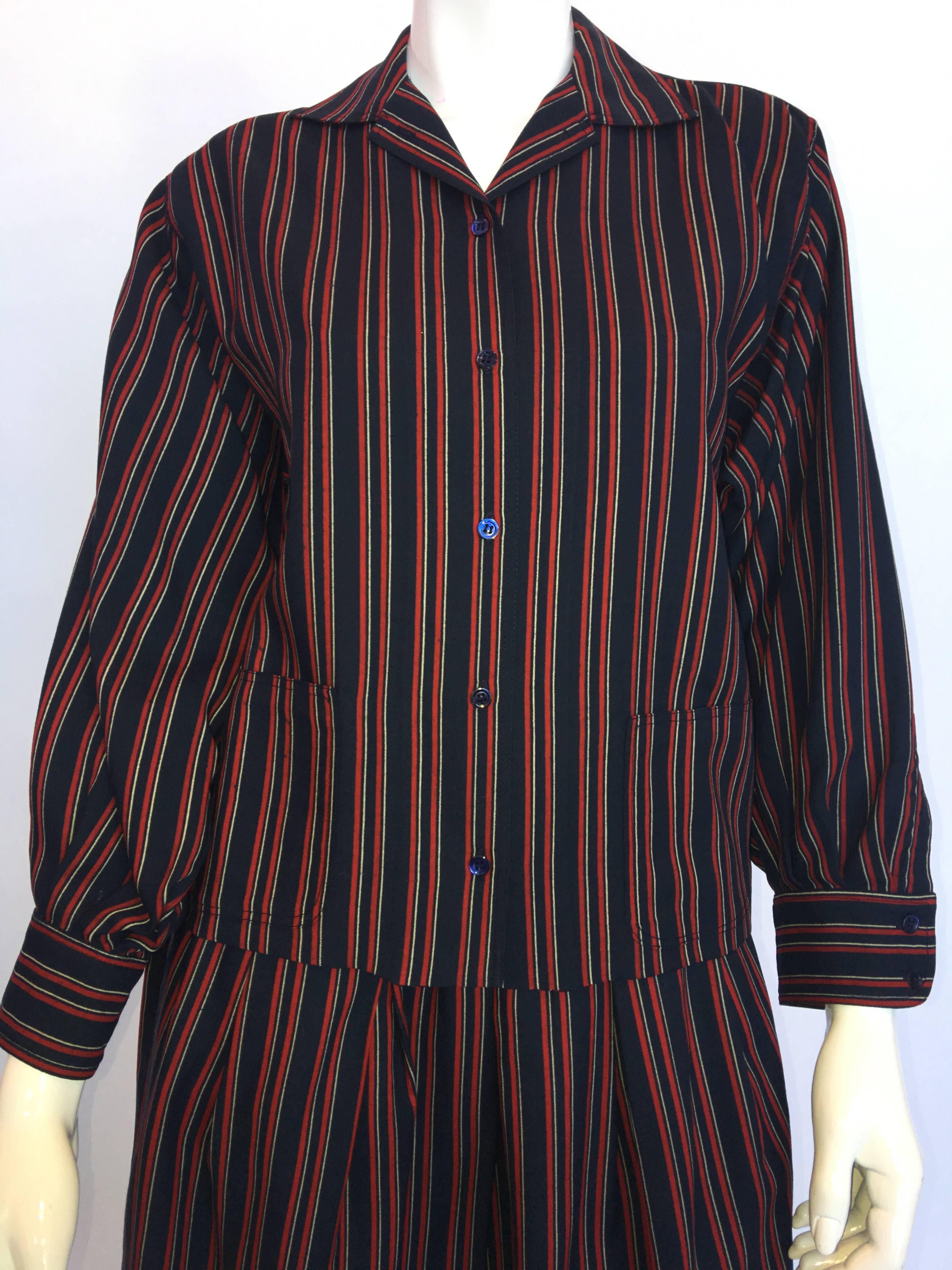 Black 1970s Saint Laurent Blue & Red Striped Wool 2 Piece Skirt Set For Sale