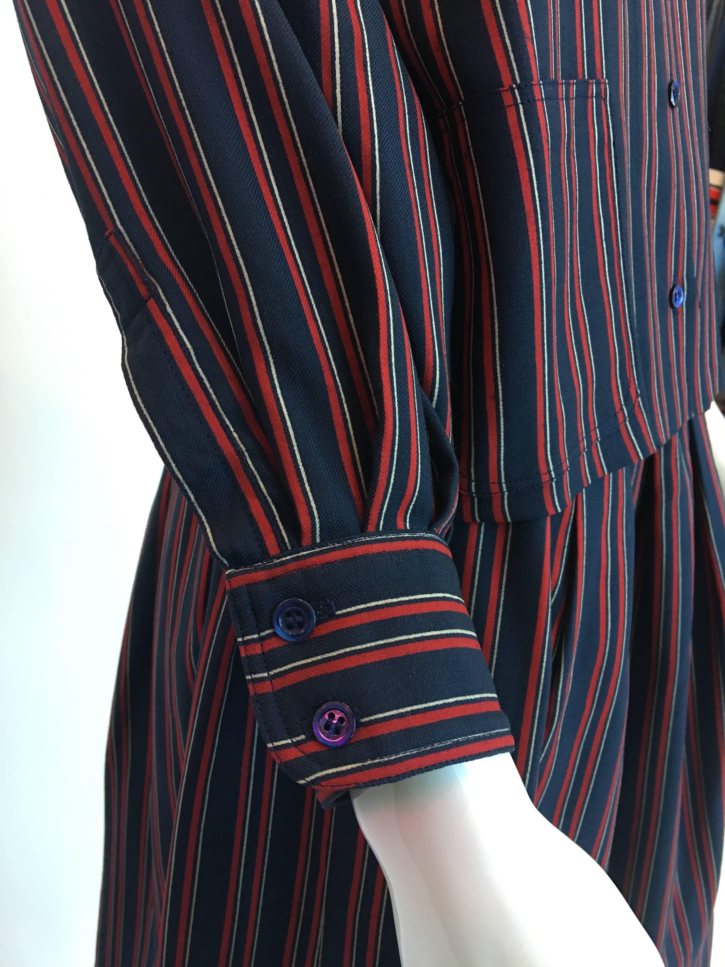 1970s Saint Laurent Blue & Red Striped Wool 2 Piece Skirt Set For Sale 1