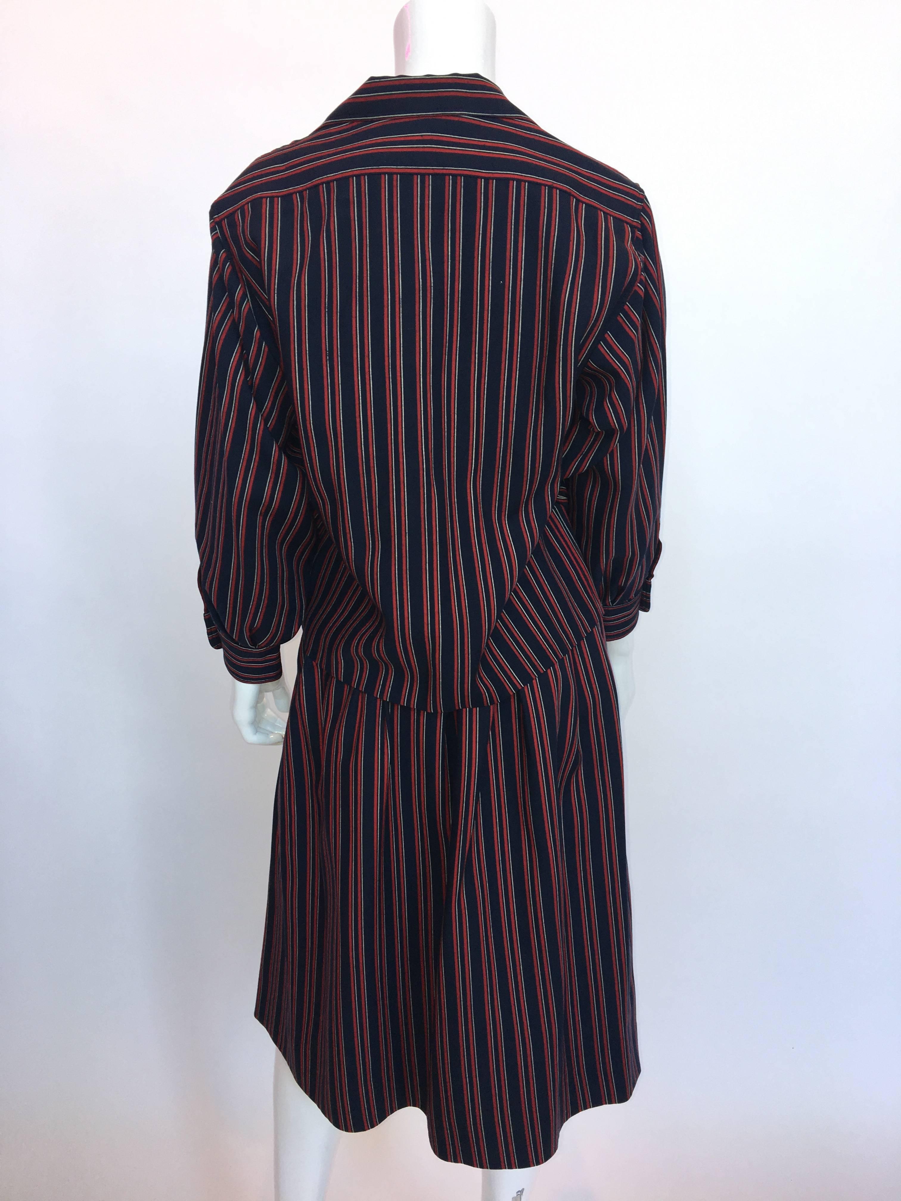 1970s Saint Laurent Blue & Red Striped Wool 2 Piece Skirt Set For Sale 2