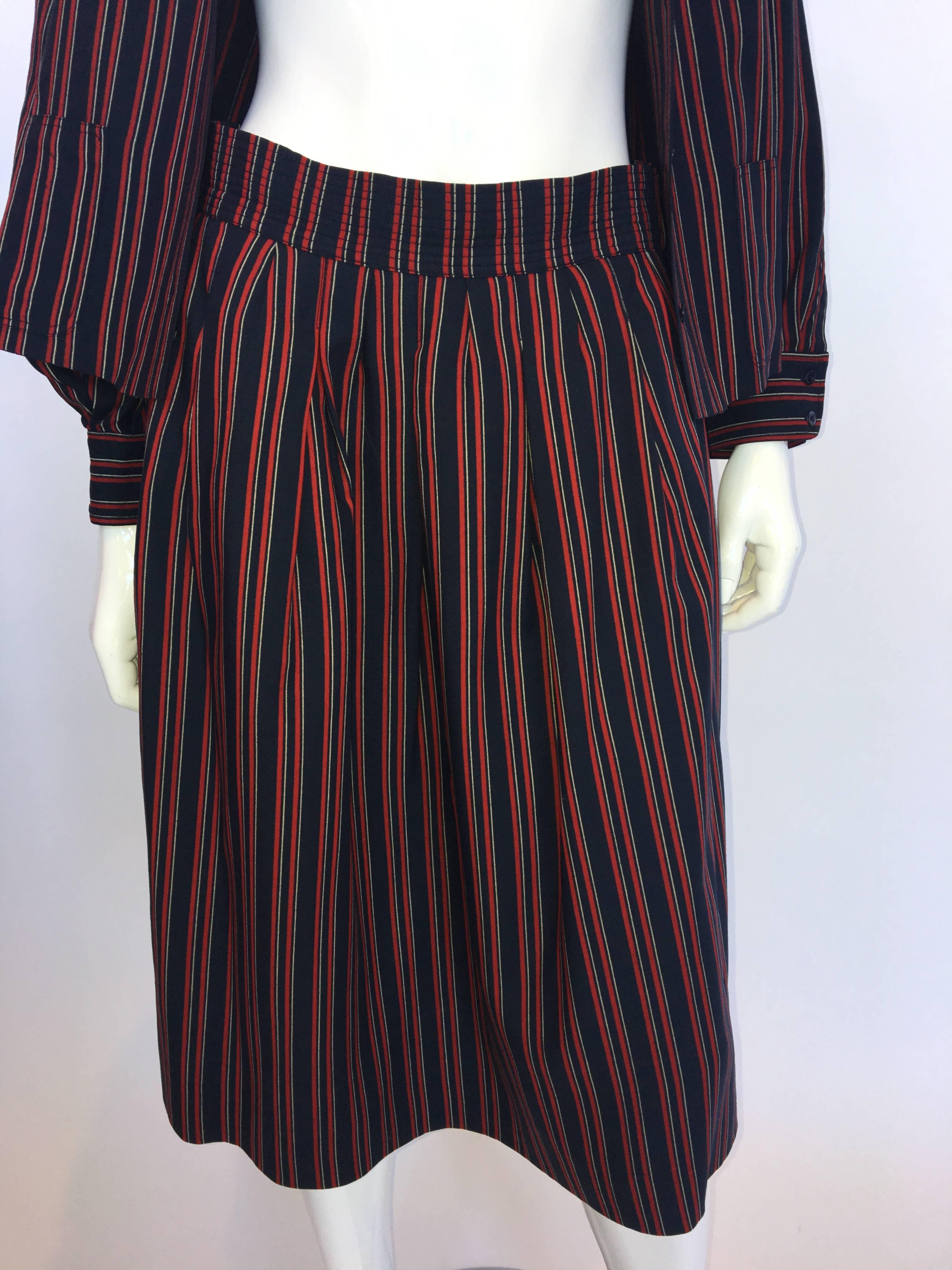 1970s Saint Laurent Blue & Red Striped Wool 2 Piece Skirt Set For Sale 4