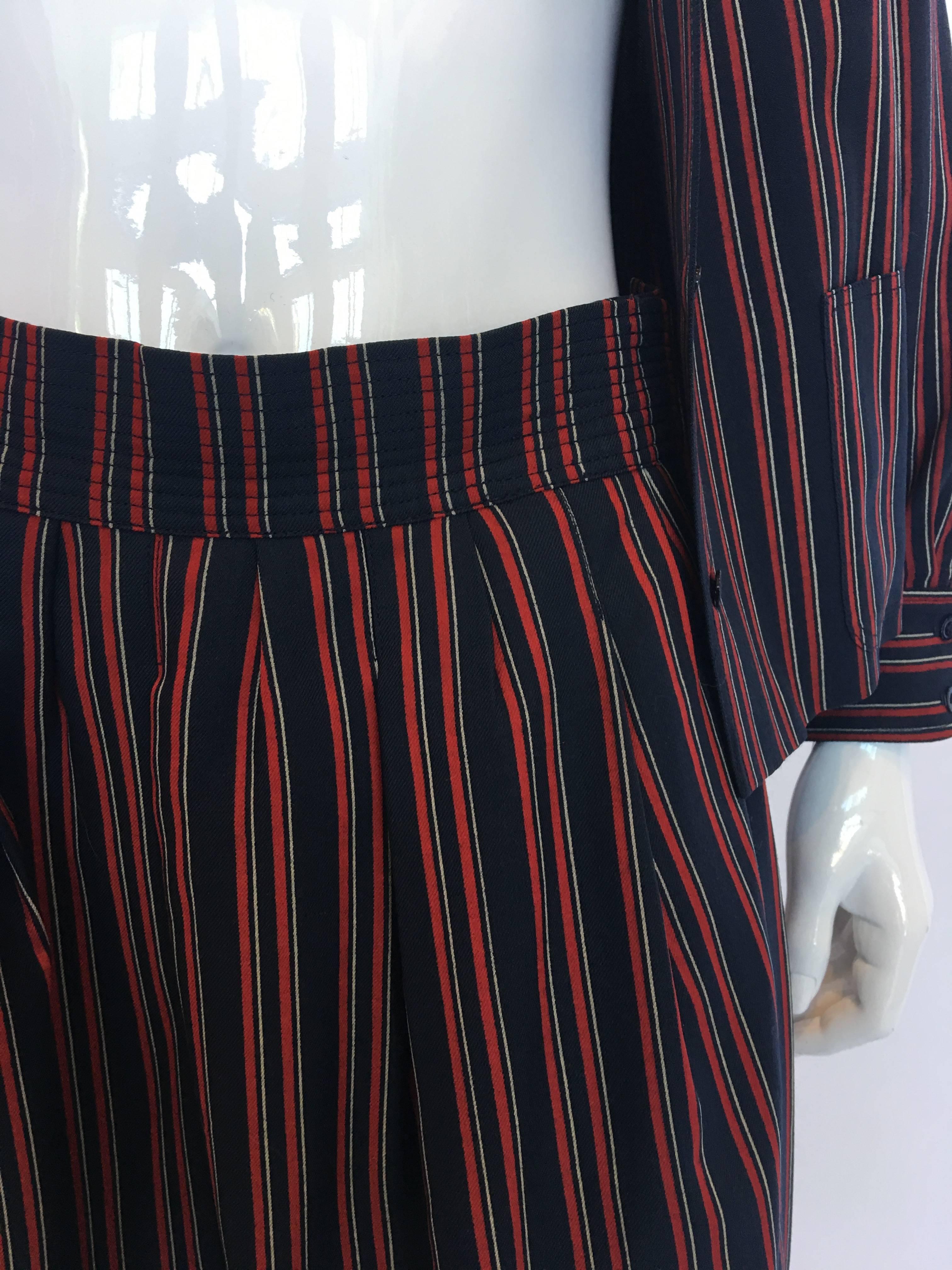 1970s Saint Laurent Blue & Red Striped Wool 2 Piece Skirt Set For Sale 5