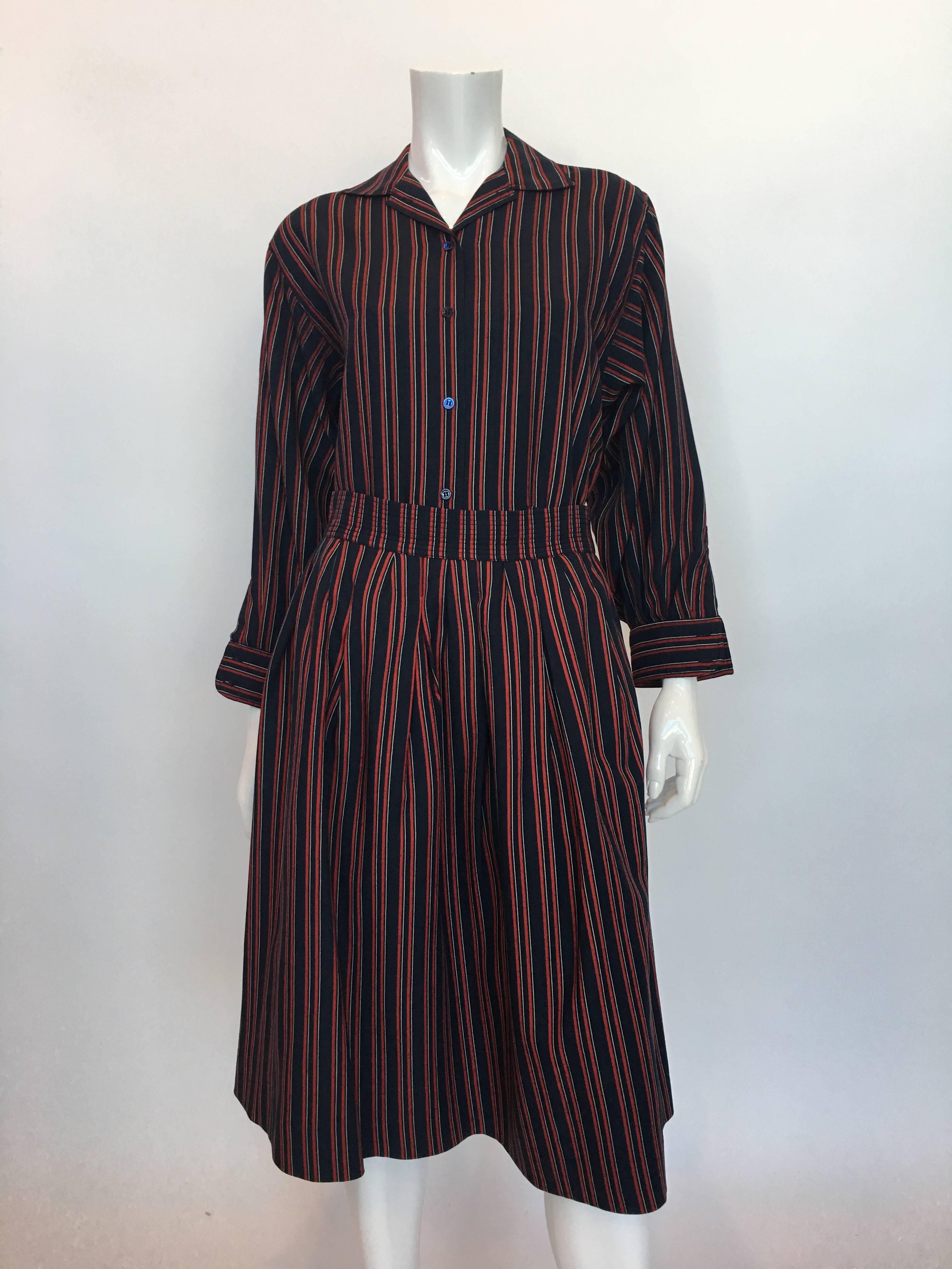 1970s Saint Laurent Blue & Red Striped Wool 2 Piece Skirt Set In Good Condition For Sale In Los Angeles, CA