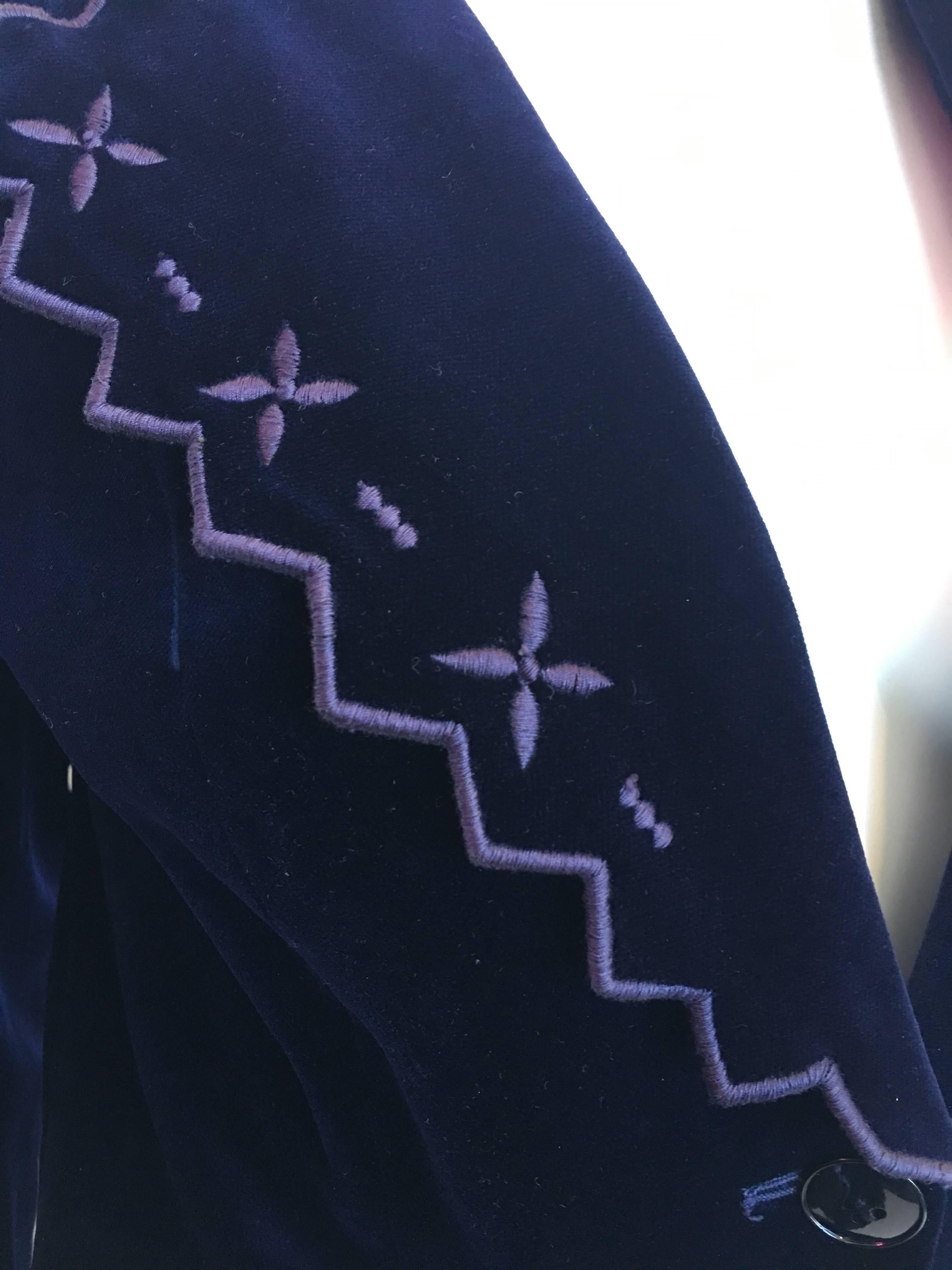 Black 1970s Stephen Marks Selfridges Navy Blue Embroidered Cotton Velvet Skirt Suit