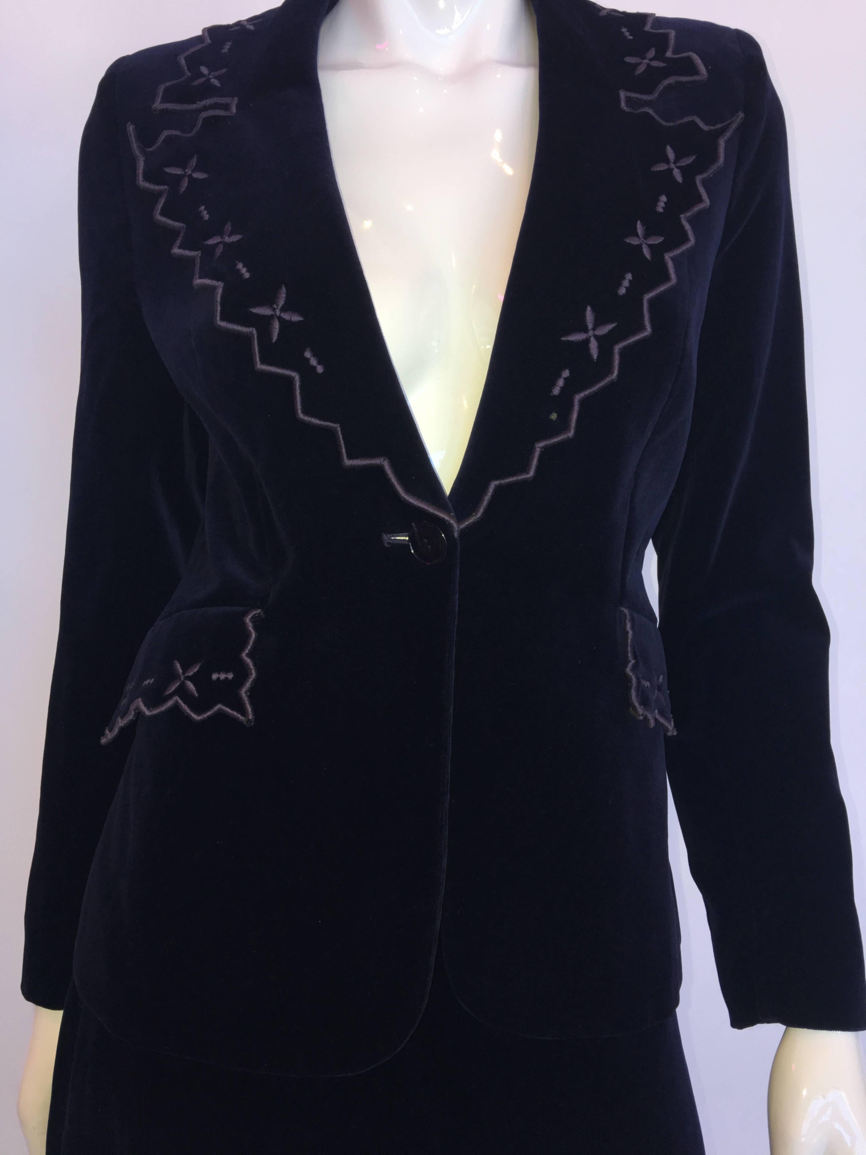 1970s Stephen Marks Selfridges Navy Blue Embroidered Cotton Velvet Skirt Suit In Good Condition In Los Angeles, CA