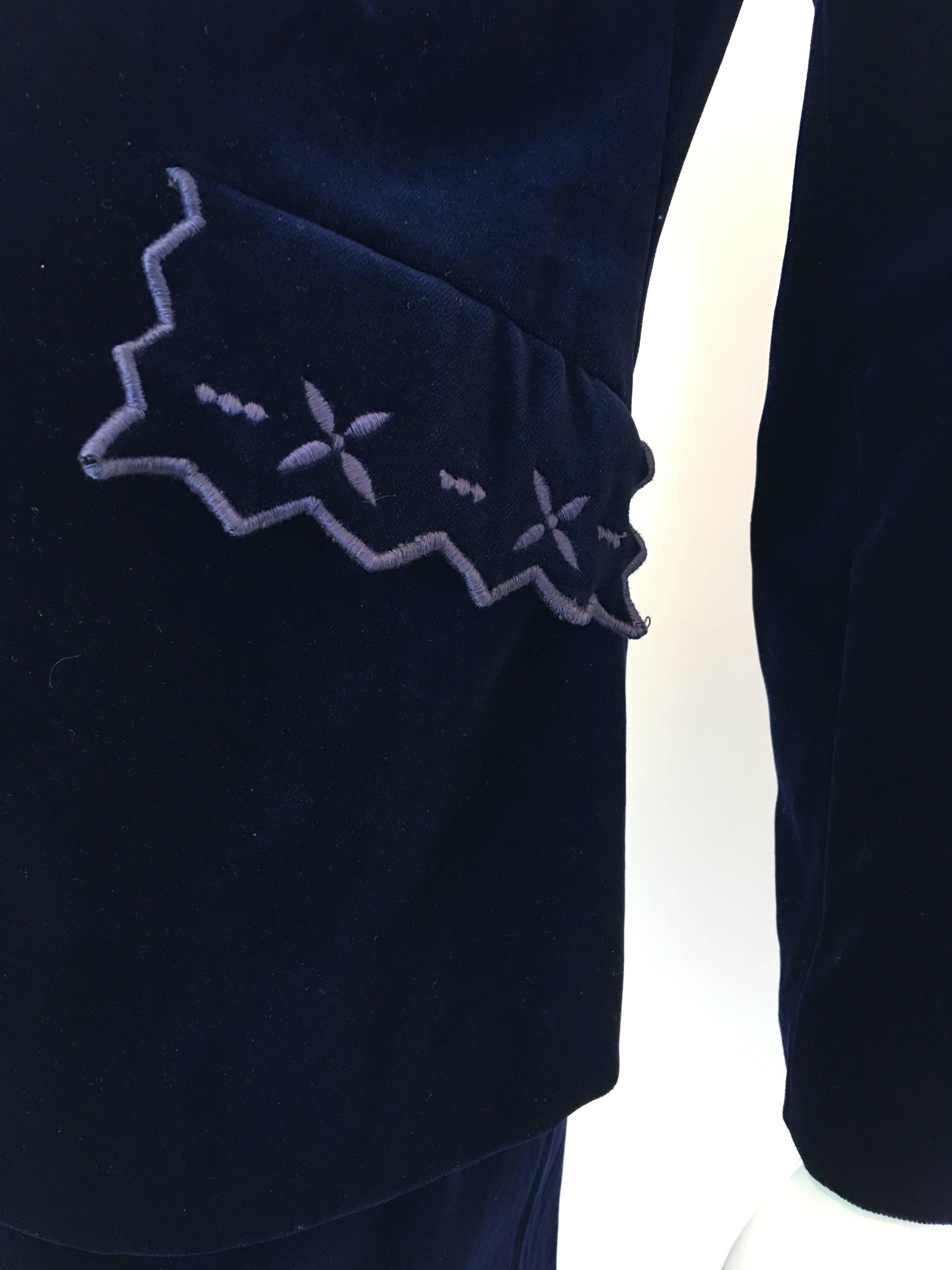 Women's or Men's 1970s Stephen Marks Selfridges Navy Blue Embroidered Cotton Velvet Skirt Suit