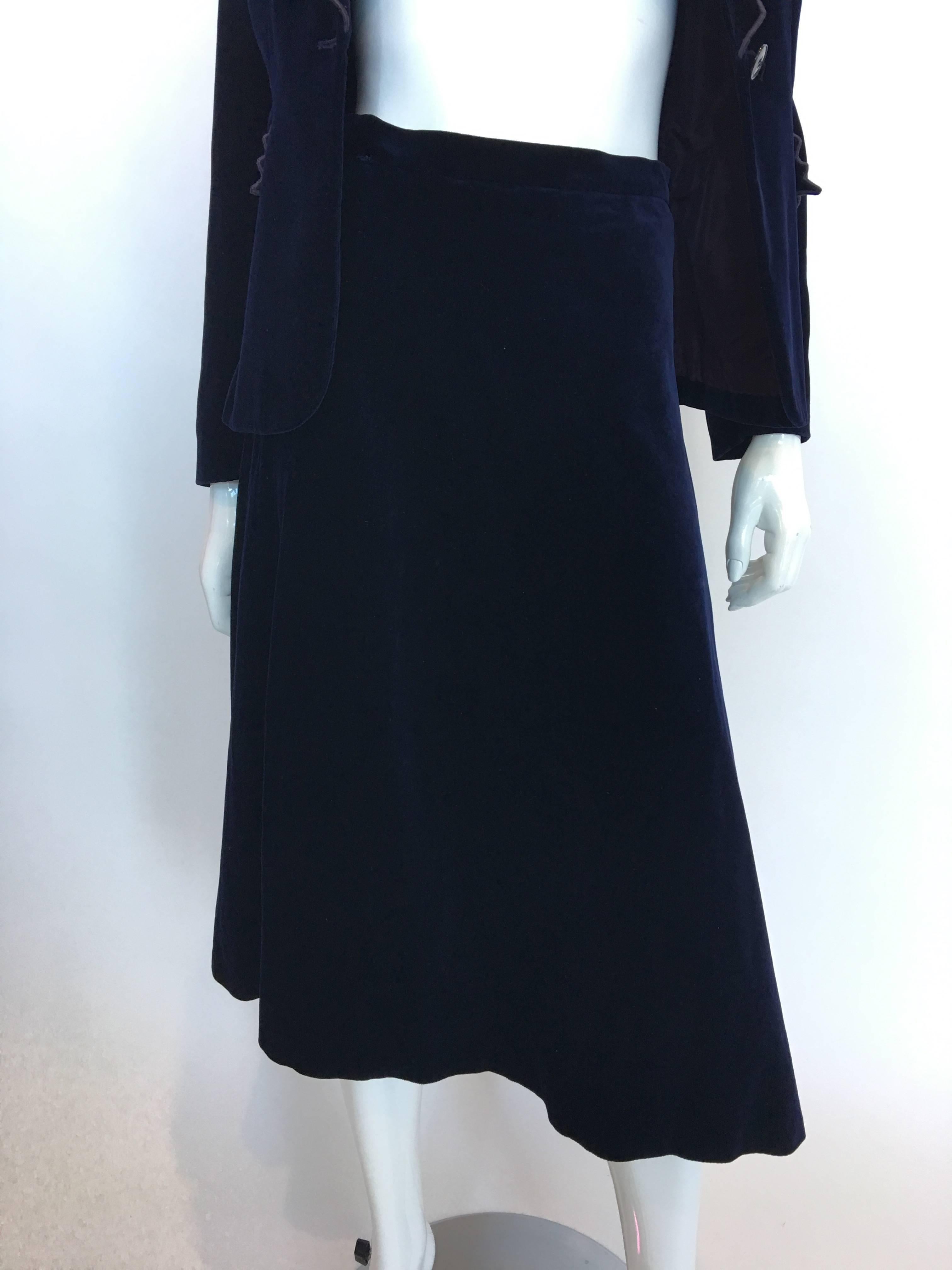 1970s Stephen Marks Selfridges Navy Blue Embroidered Cotton Velvet Skirt Suit 1